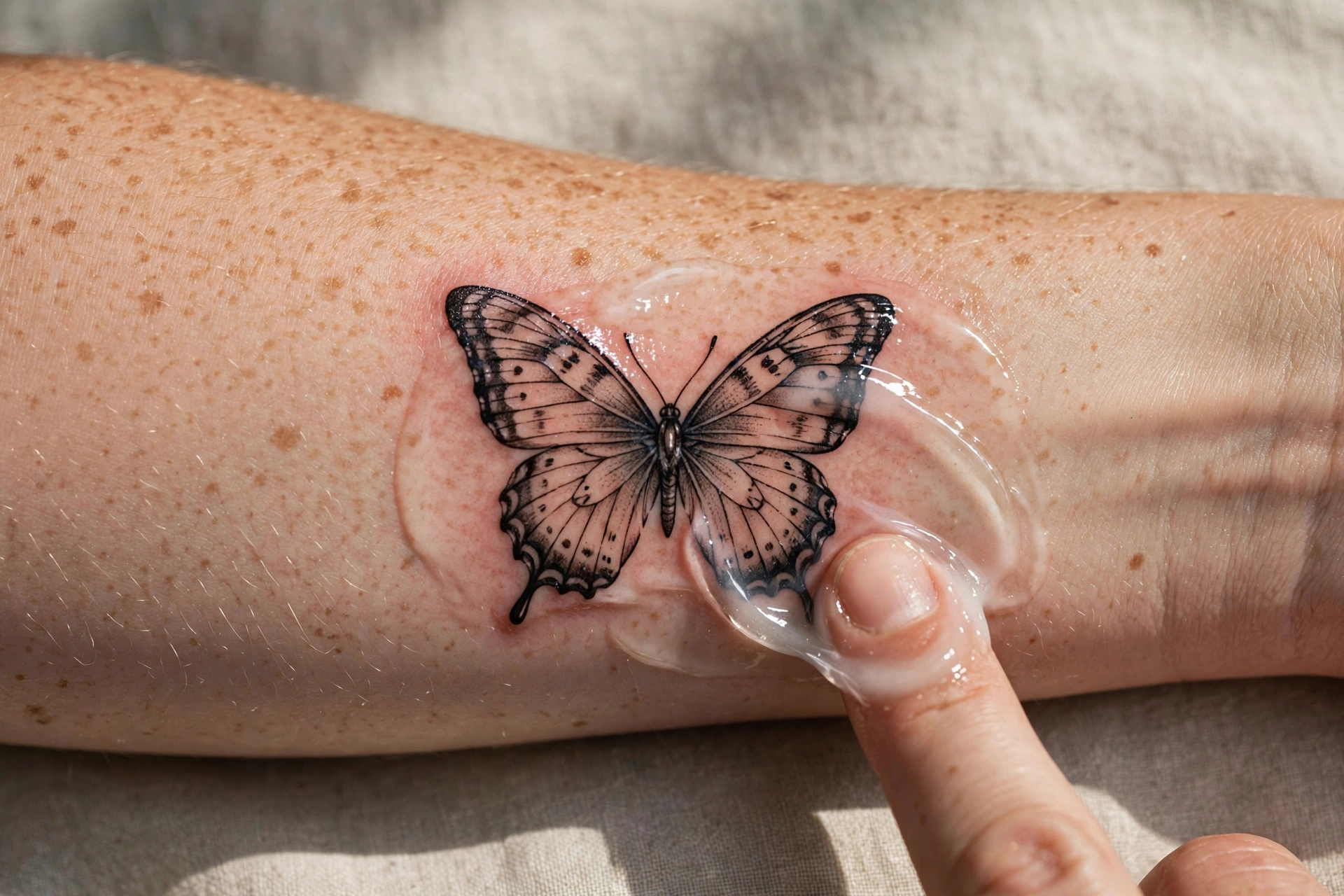 Fresh butterfly tattoo on a forearm being treated with aftercare ointment