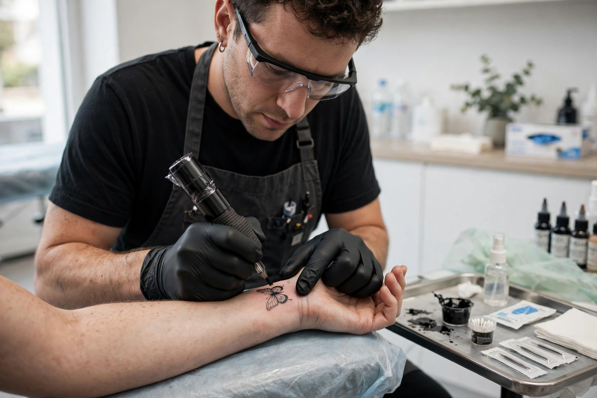 Tattoo artist working on a small butterfly tattoo on a client's wrist