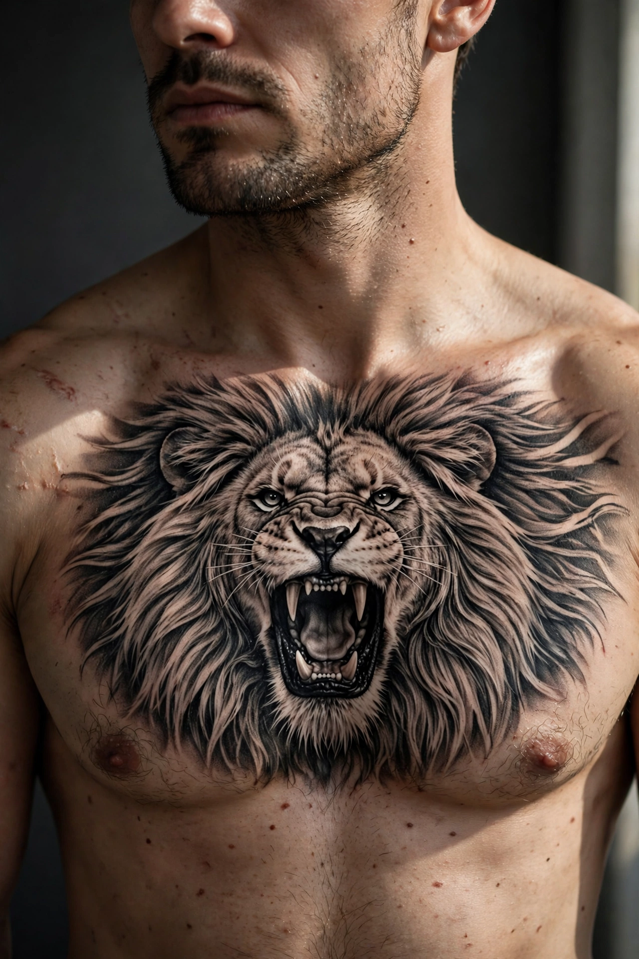 Roaring lion chest tattoo - chest tattoo idea for men