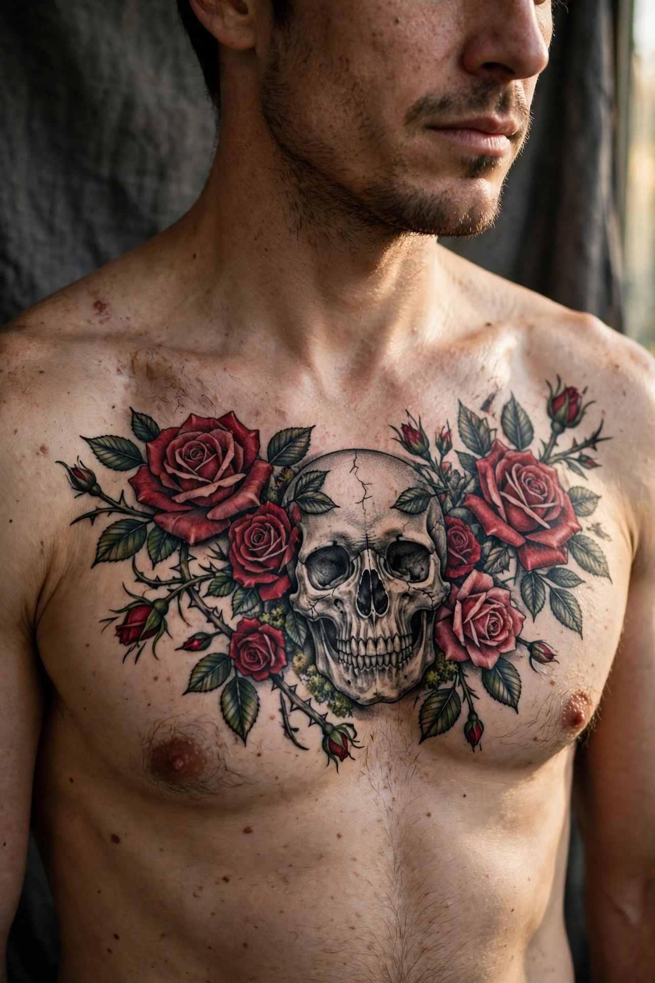 Skull with roses chest tattoo - chest tattoo idea for men
