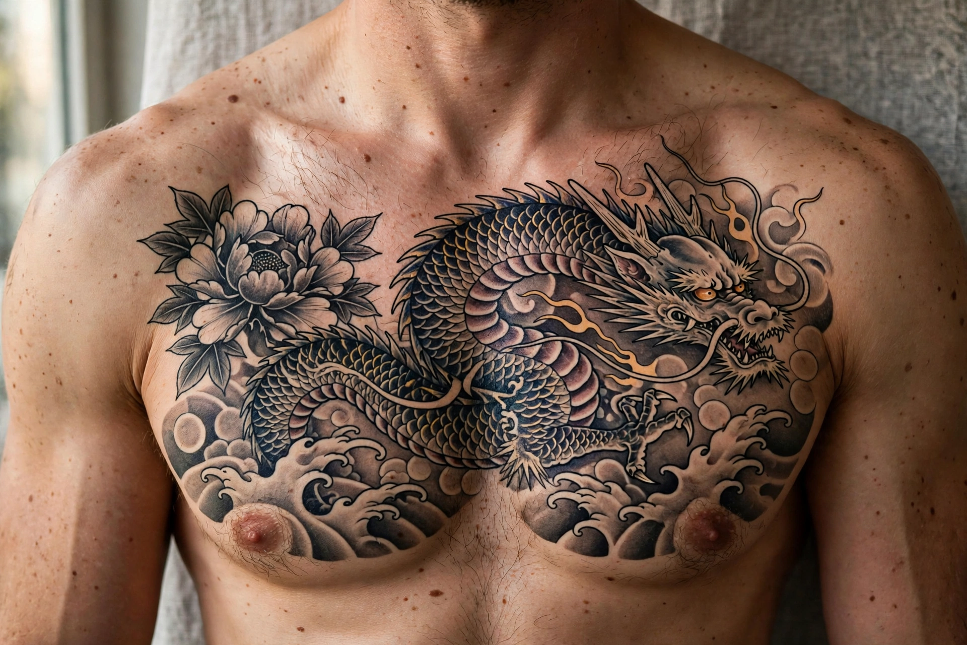 Japanese dragon across chest tattoo - chest tattoo idea for men