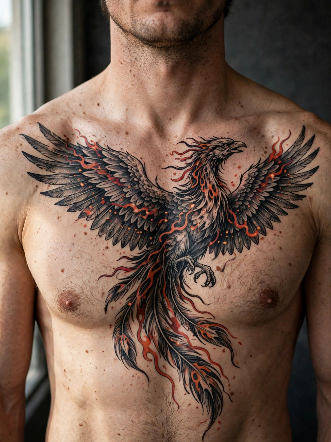 Phoenix rising chest tattoo - chest tattoo idea for men
