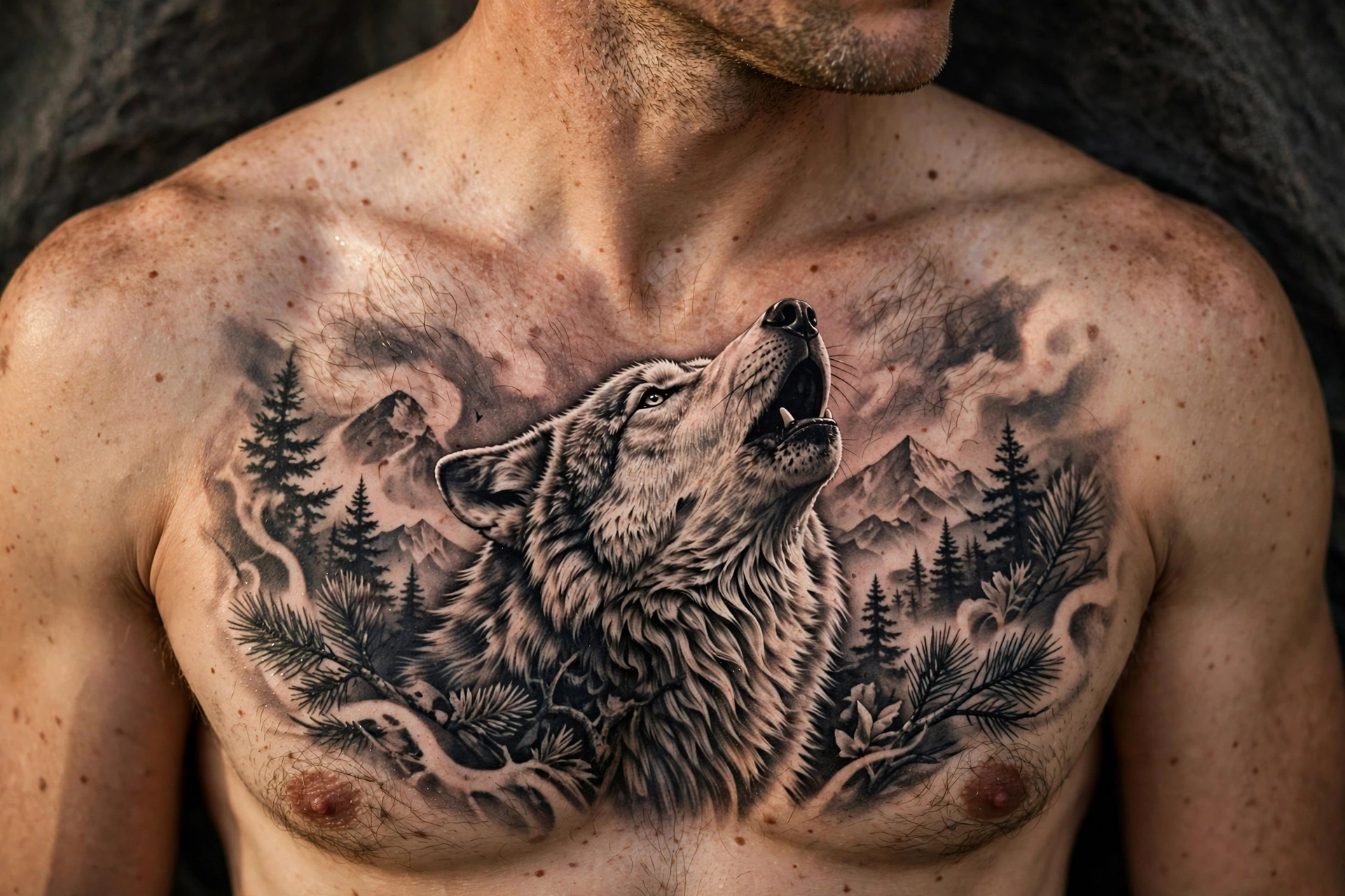 Howling wolf chest tattoo - chest tattoo idea for men