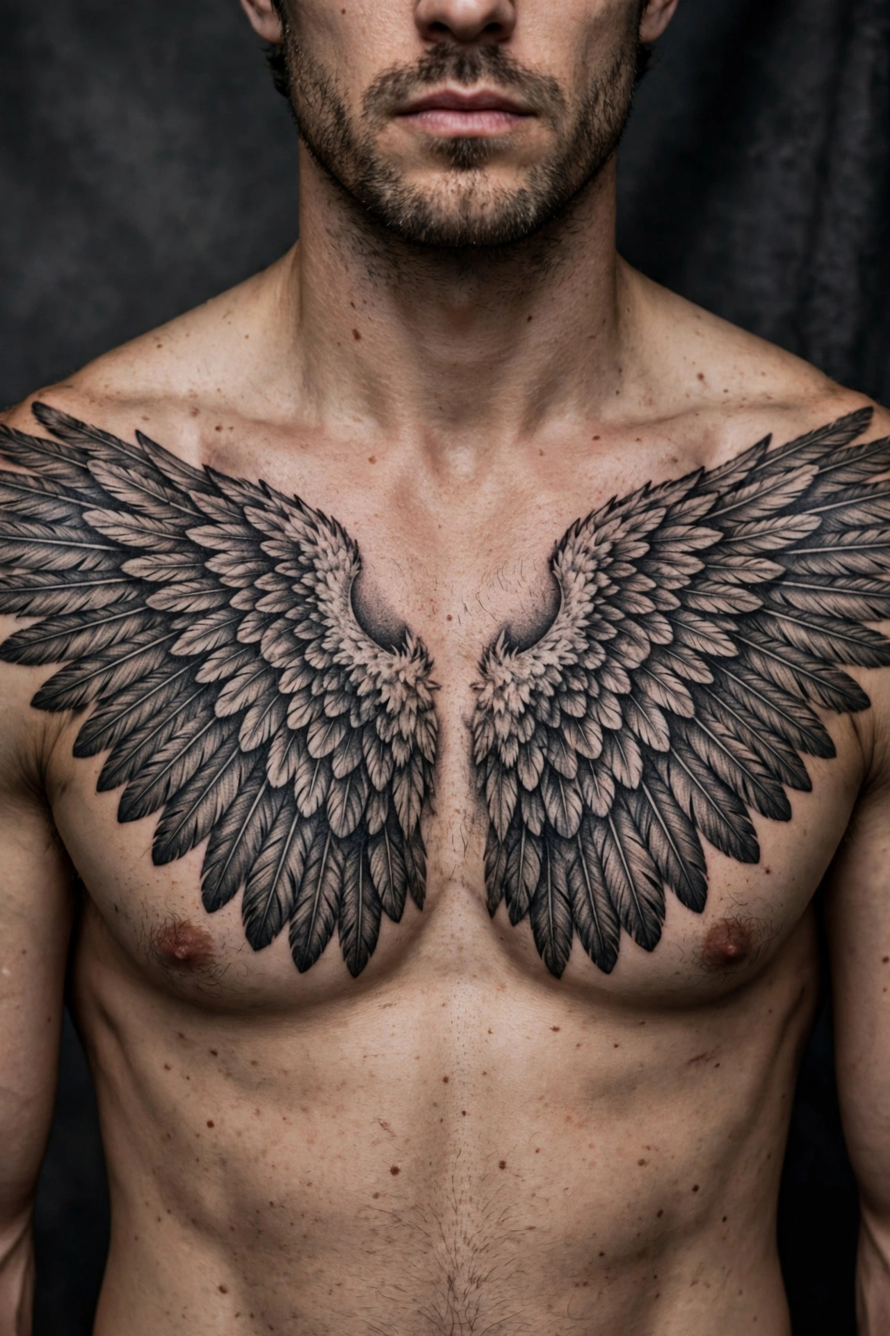 Angel wings full chest tattoo - chest tattoo idea for men