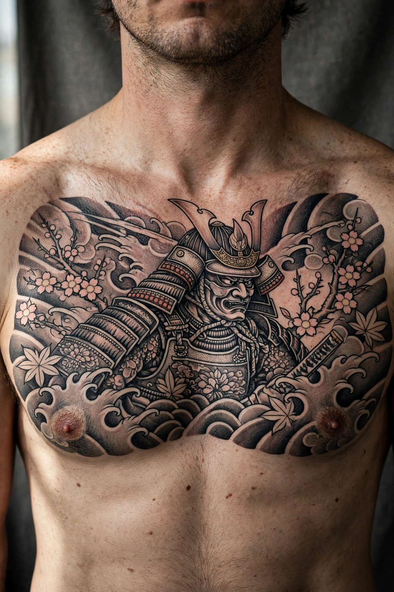 Samurai warrior chest tattoo - chest tattoo idea for men