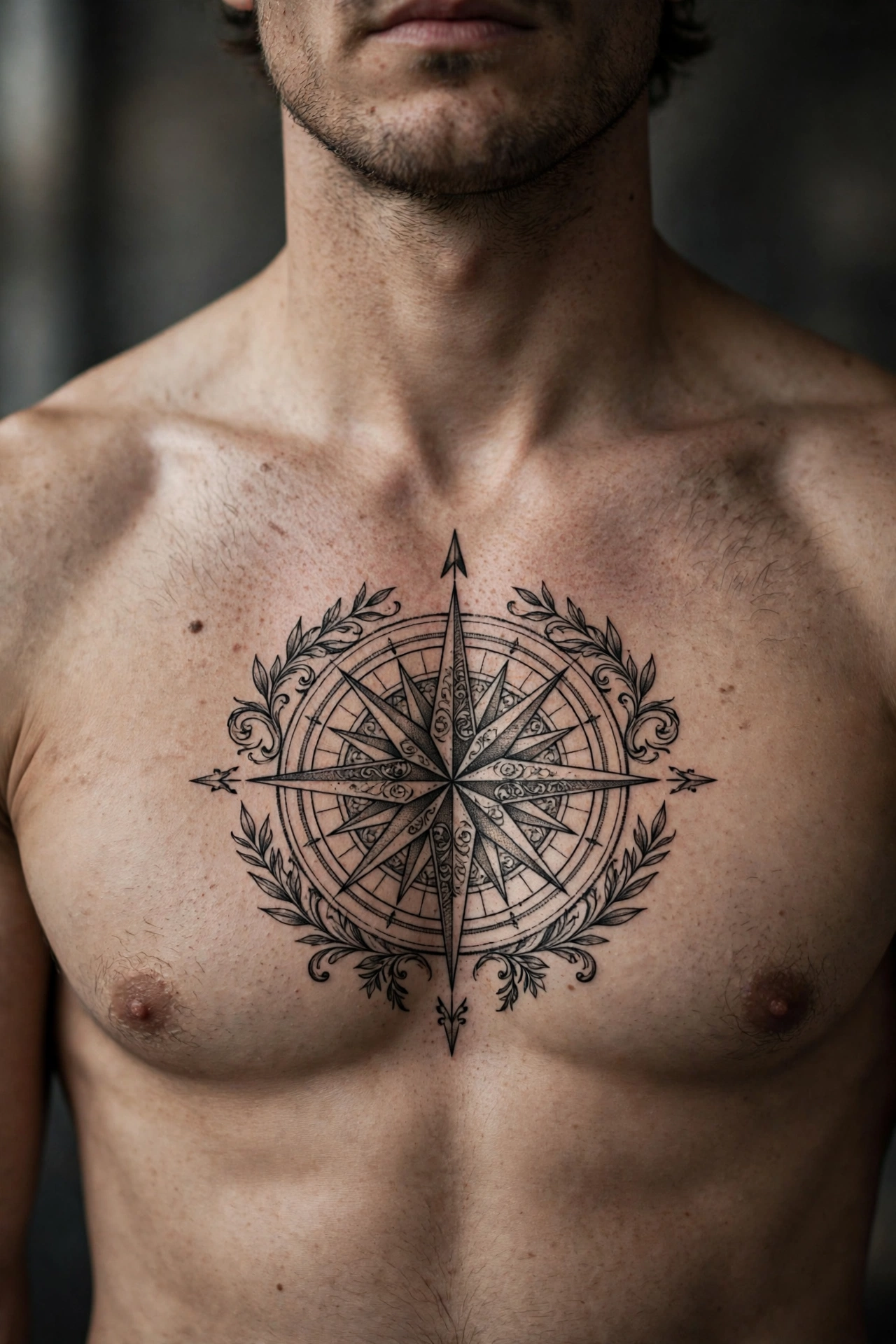 Compass rose chest tattoo - chest tattoo idea for men