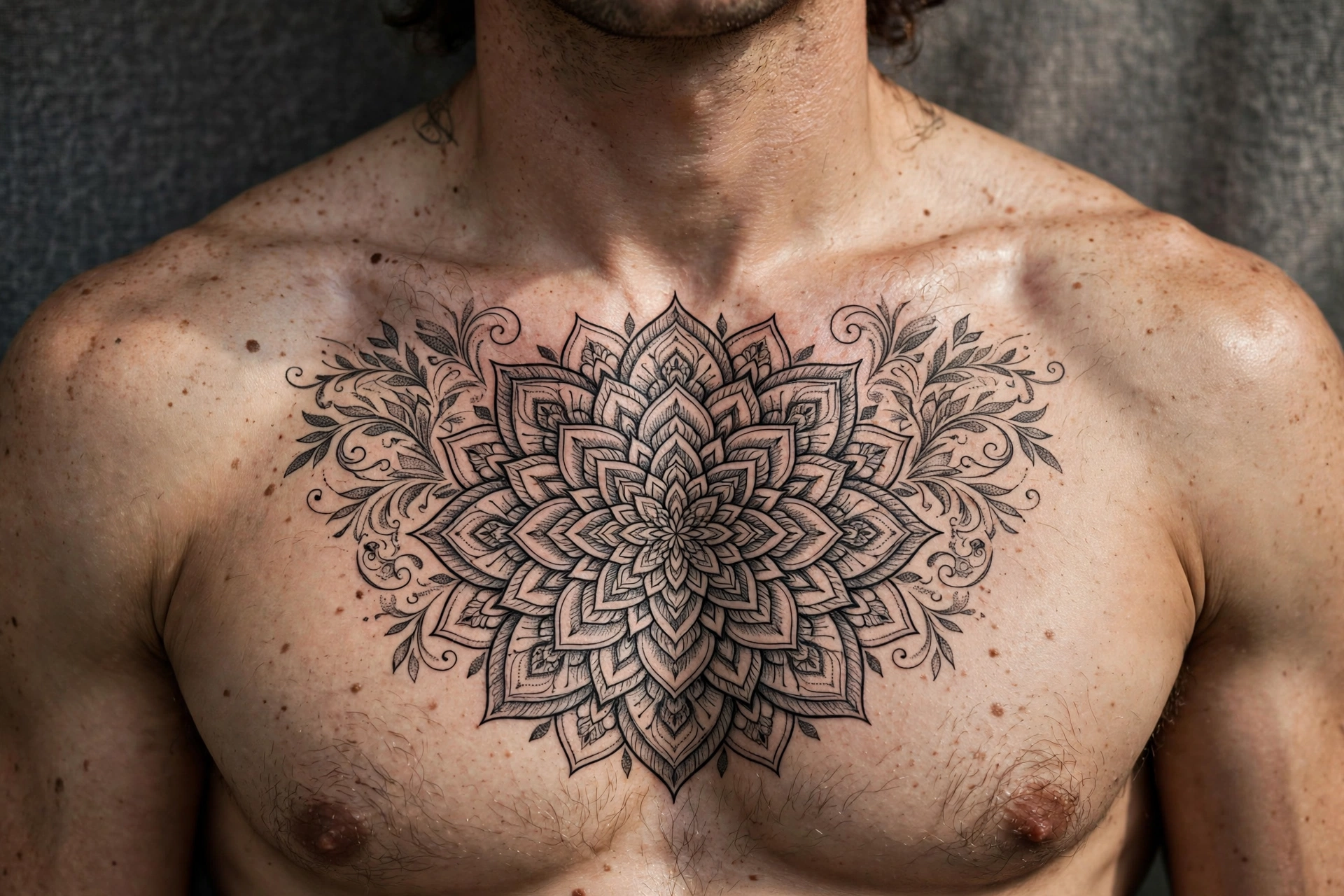 Mandala chest piece tattoo - chest tattoo idea for men