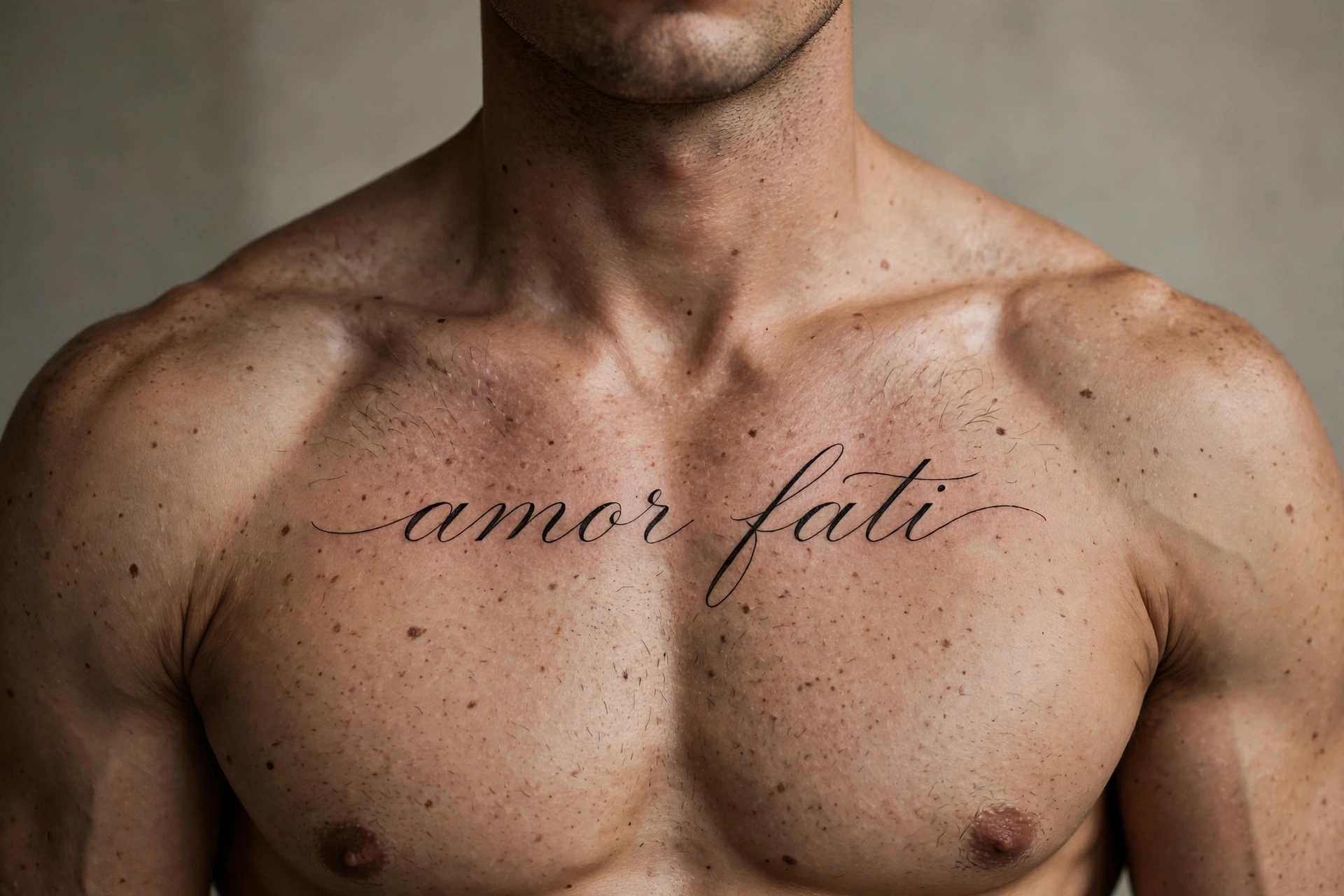Family name script across chest tattoo - chest tattoo idea for men