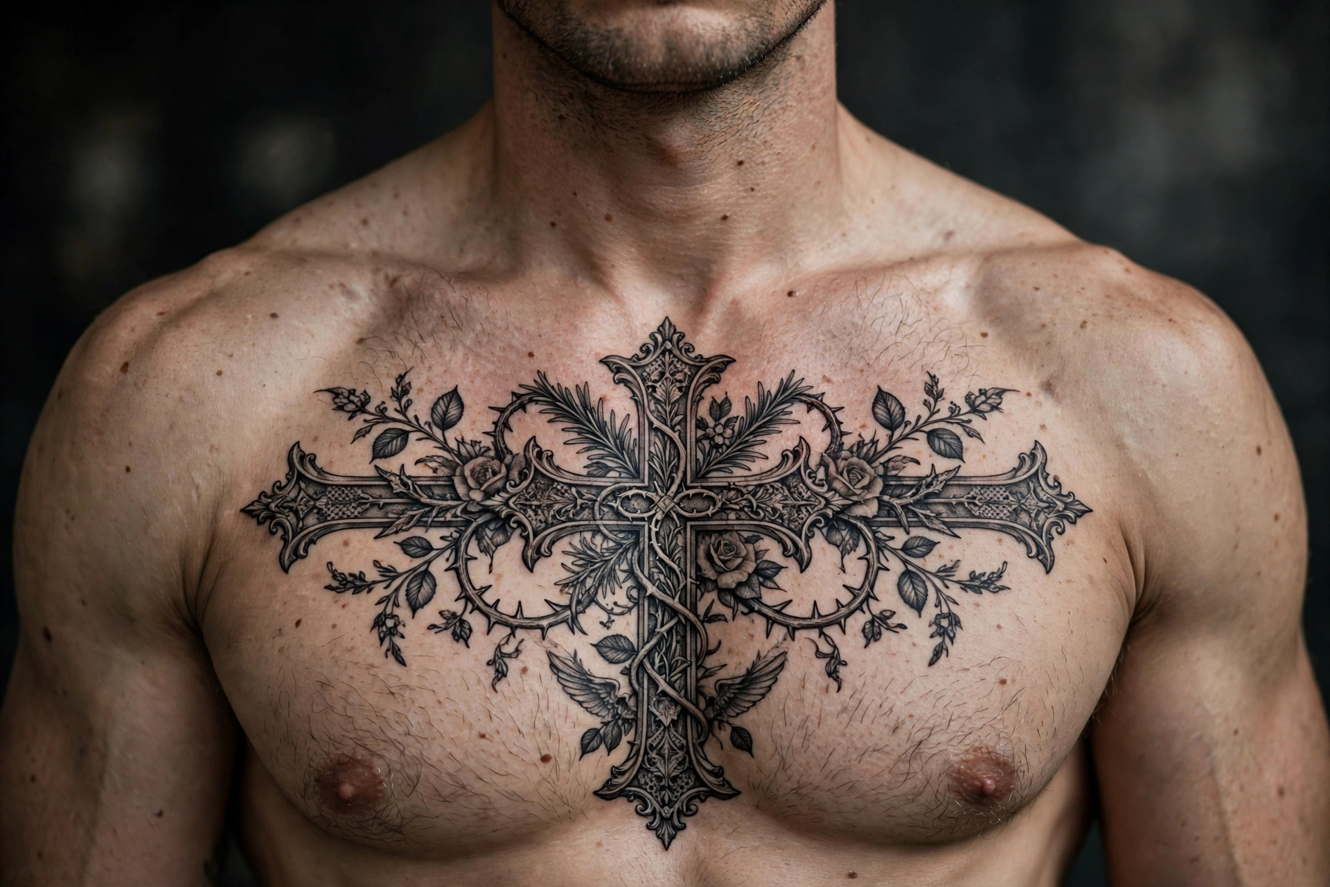 Ornate cross chest tattoo - chest tattoo idea for men