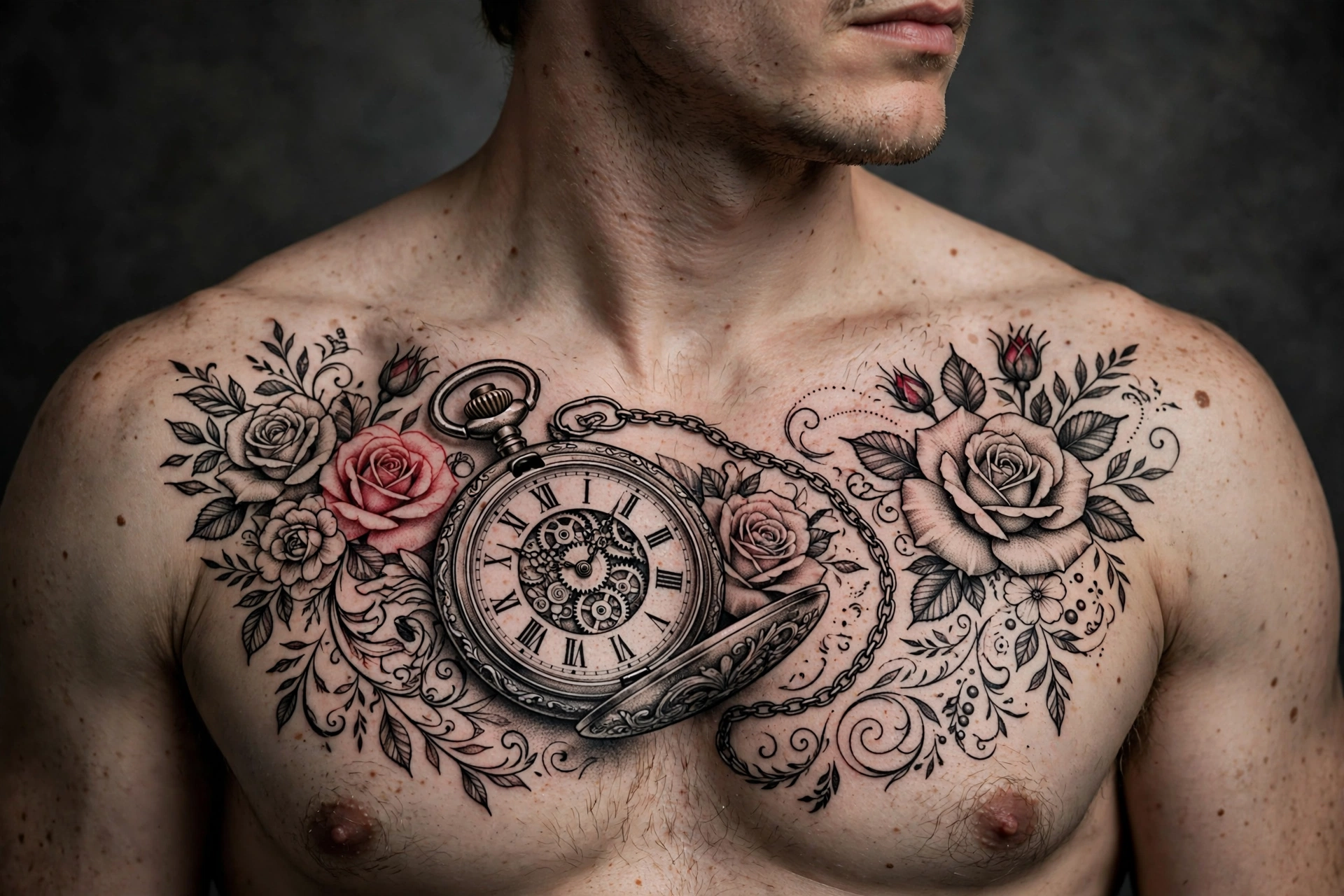 Pocket watch and roses chest tattoo - chest tattoo idea for men
