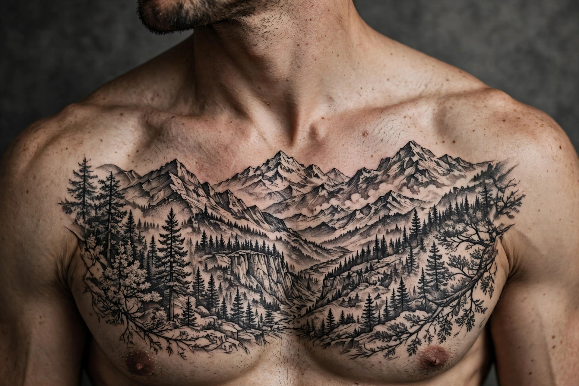 Mountain landscape chest tattoo - chest tattoo idea for men