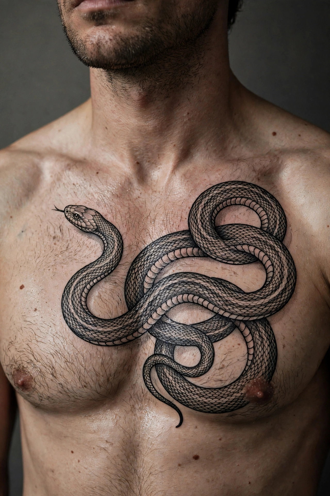 Snake coiled chest tattoo - chest tattoo idea for men