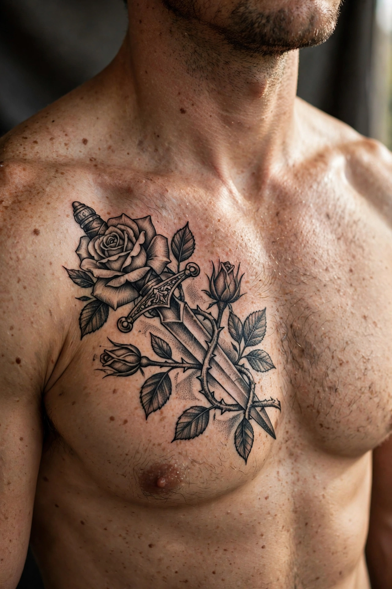 Rose and dagger chest tattoo - chest tattoo idea for men