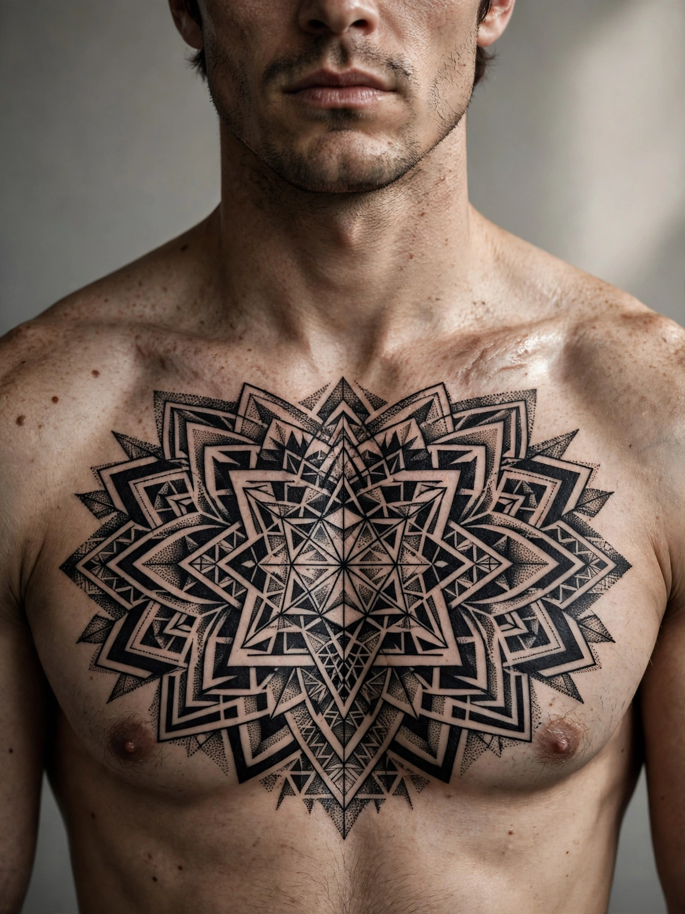 Blackwork geometric chest tattoo - chest tattoo idea for men