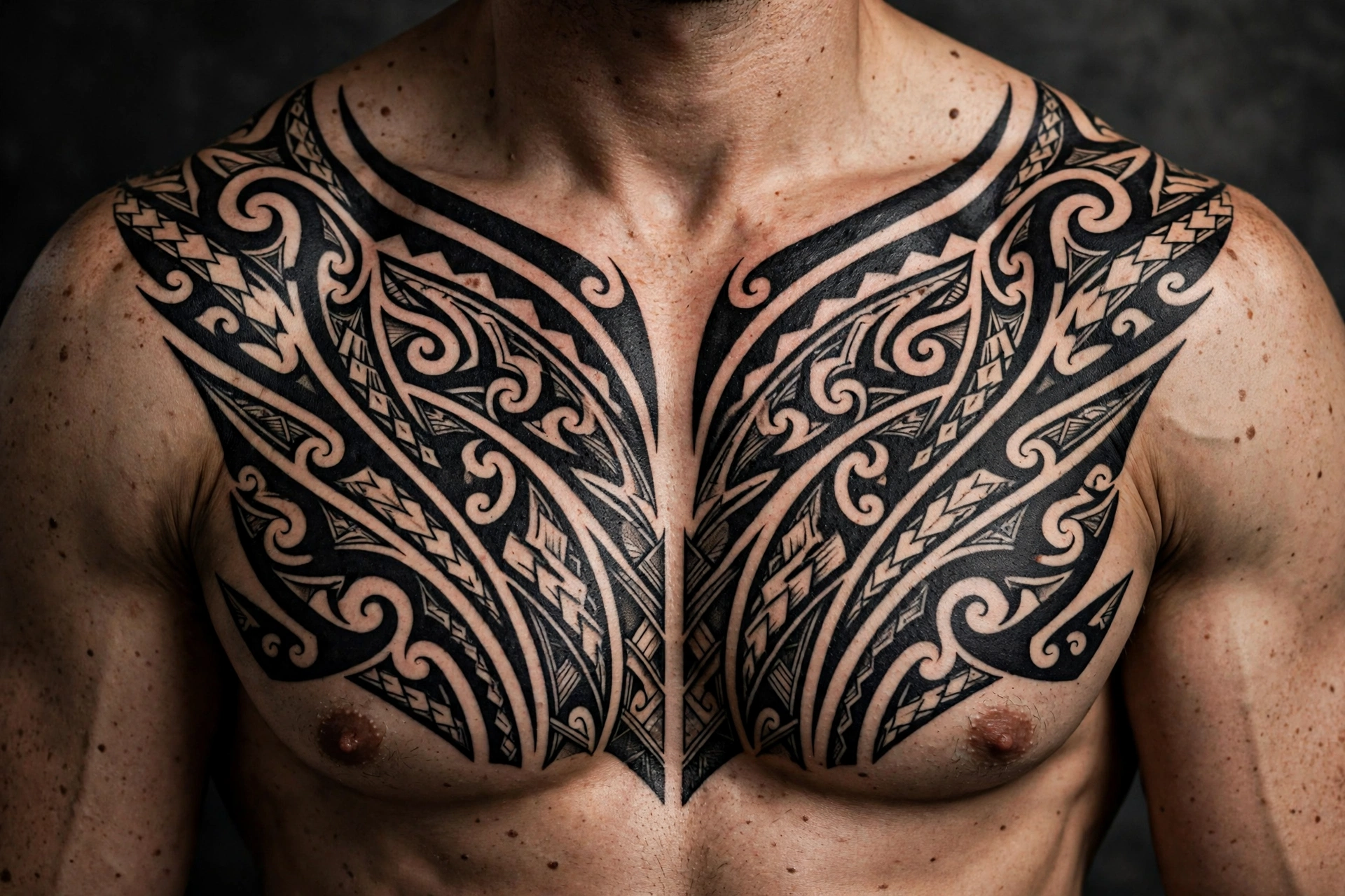 Tribal chest piece tattoo - chest tattoo idea for men