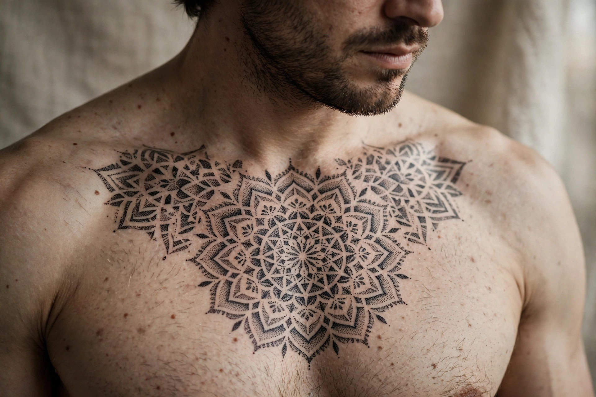 Dotwork mandala chest tattoo - chest tattoo idea for men