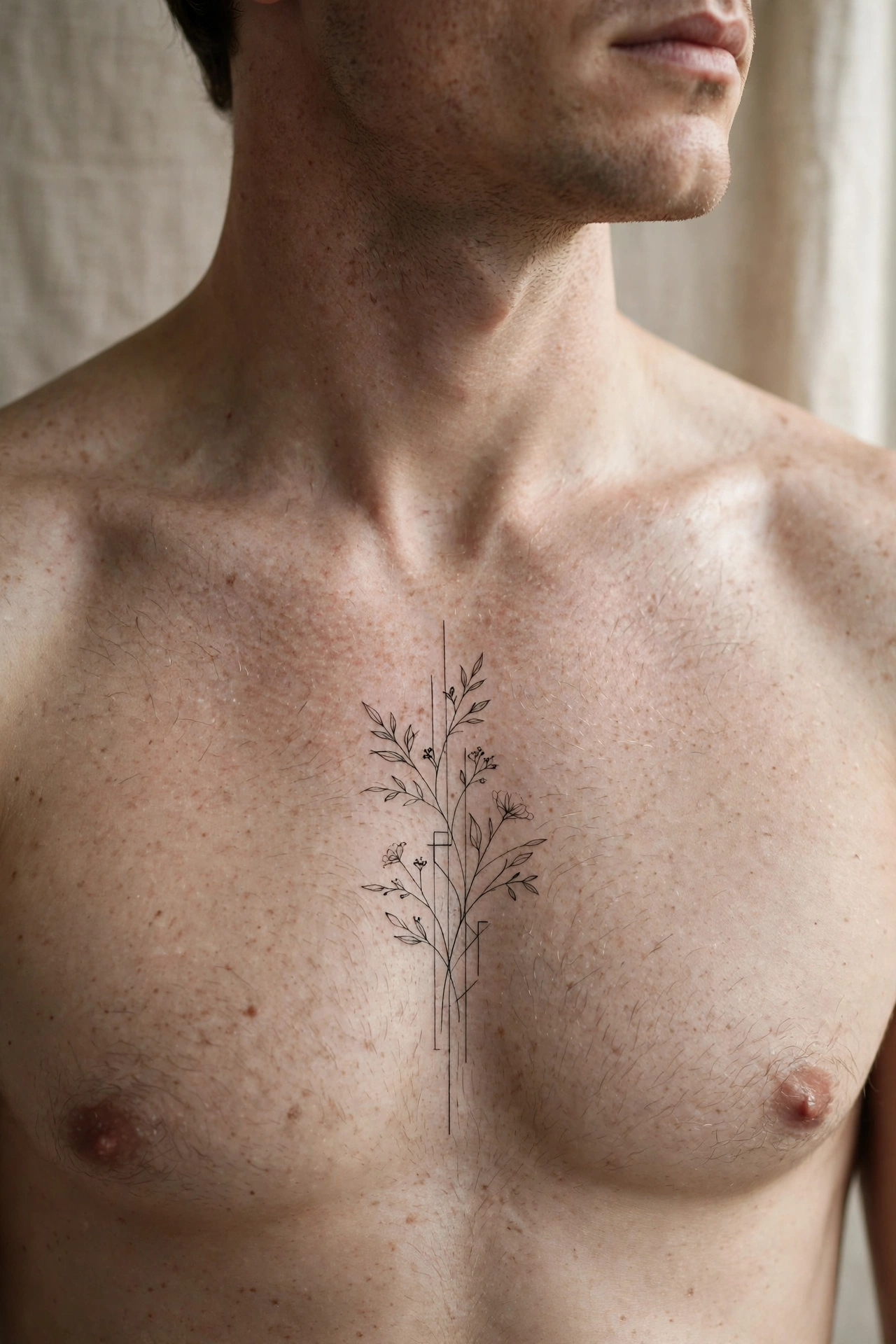 Fine-line minimalist chest tattoo - chest tattoo idea for men