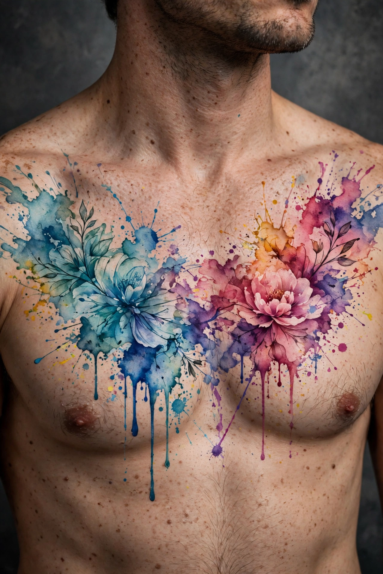 Watercolor splash chest tattoo - chest tattoo idea for men