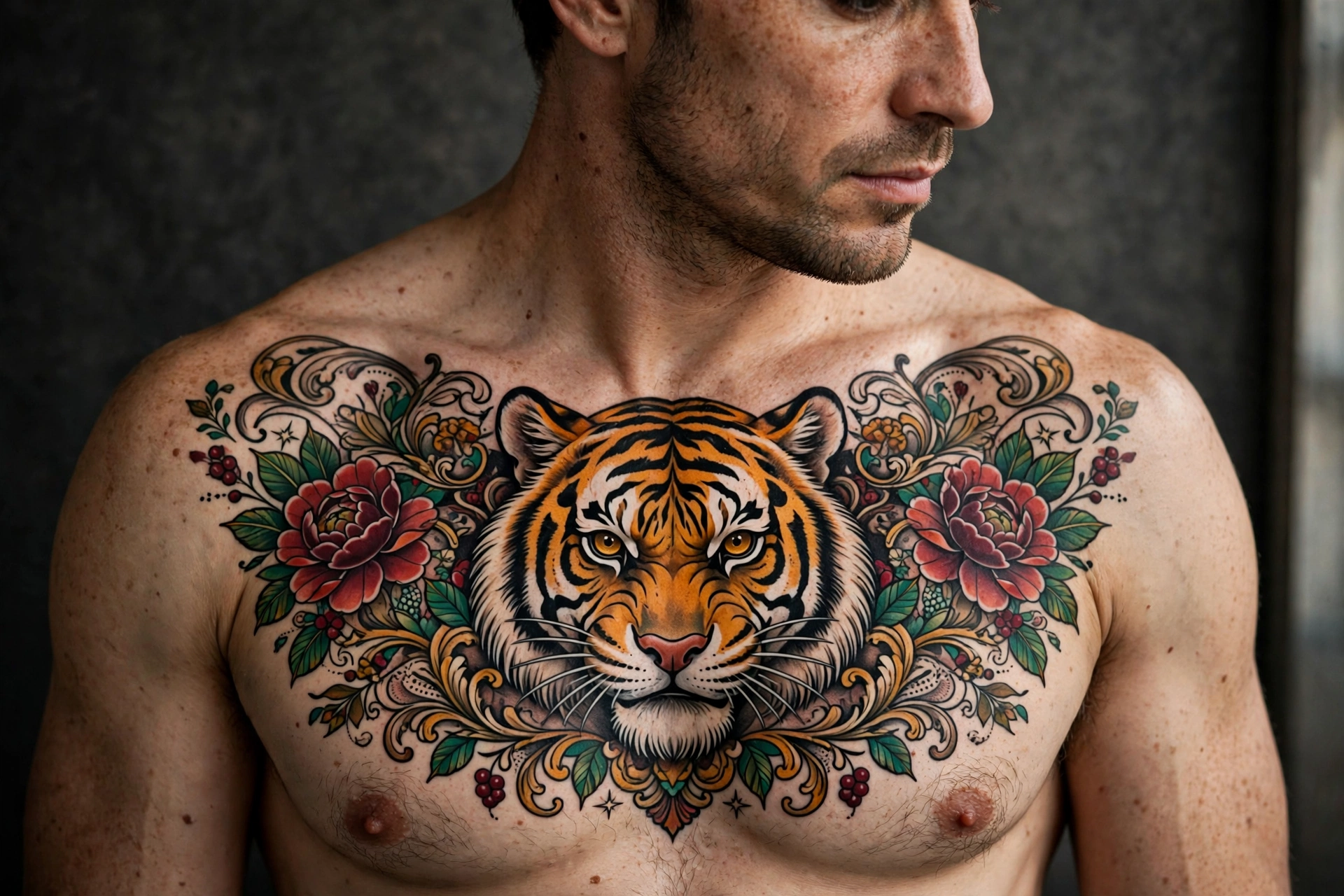 Neo-traditional tiger chest tattoo - chest tattoo idea for men