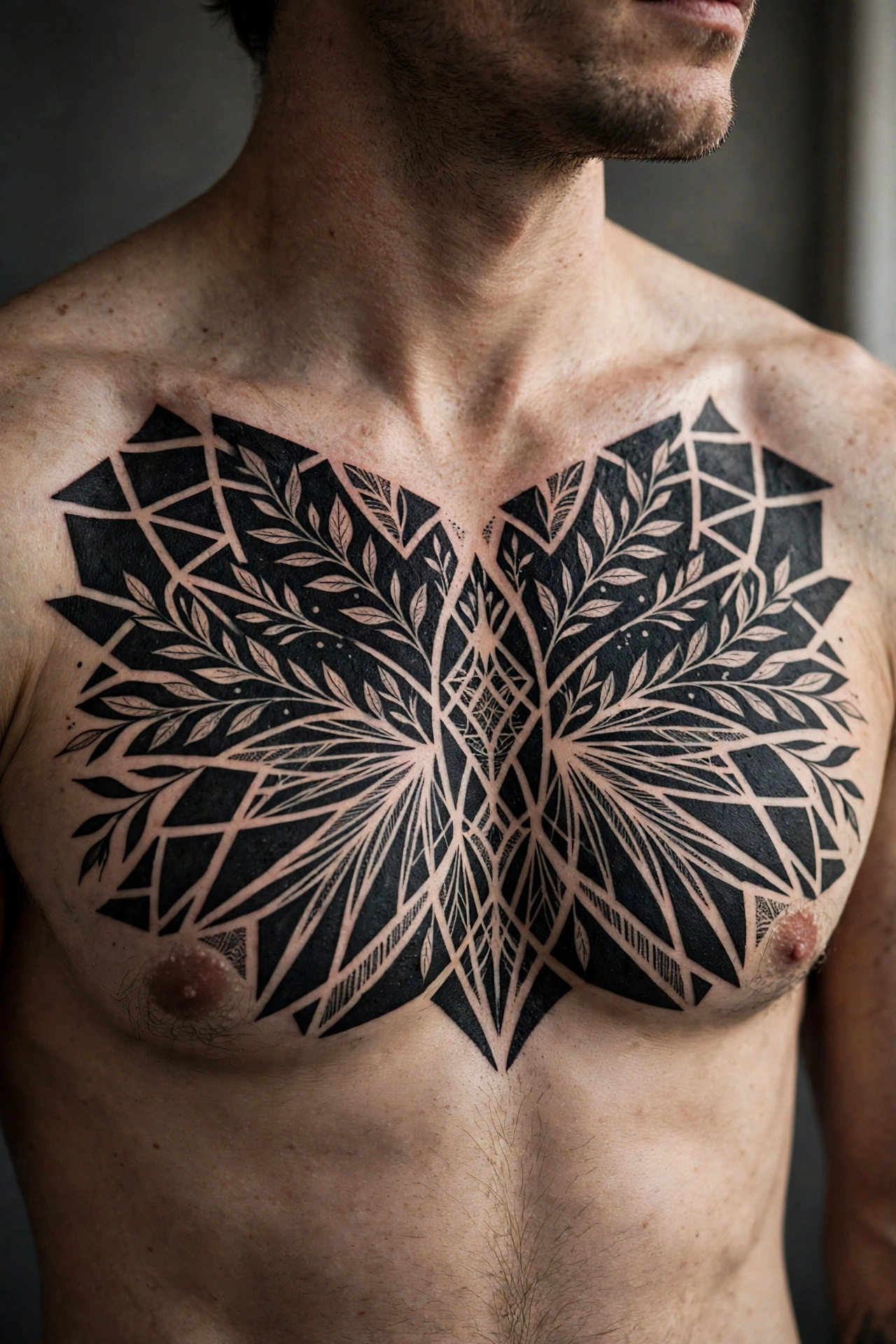 Blackout chest tattoo with negative space - chest tattoo idea for men