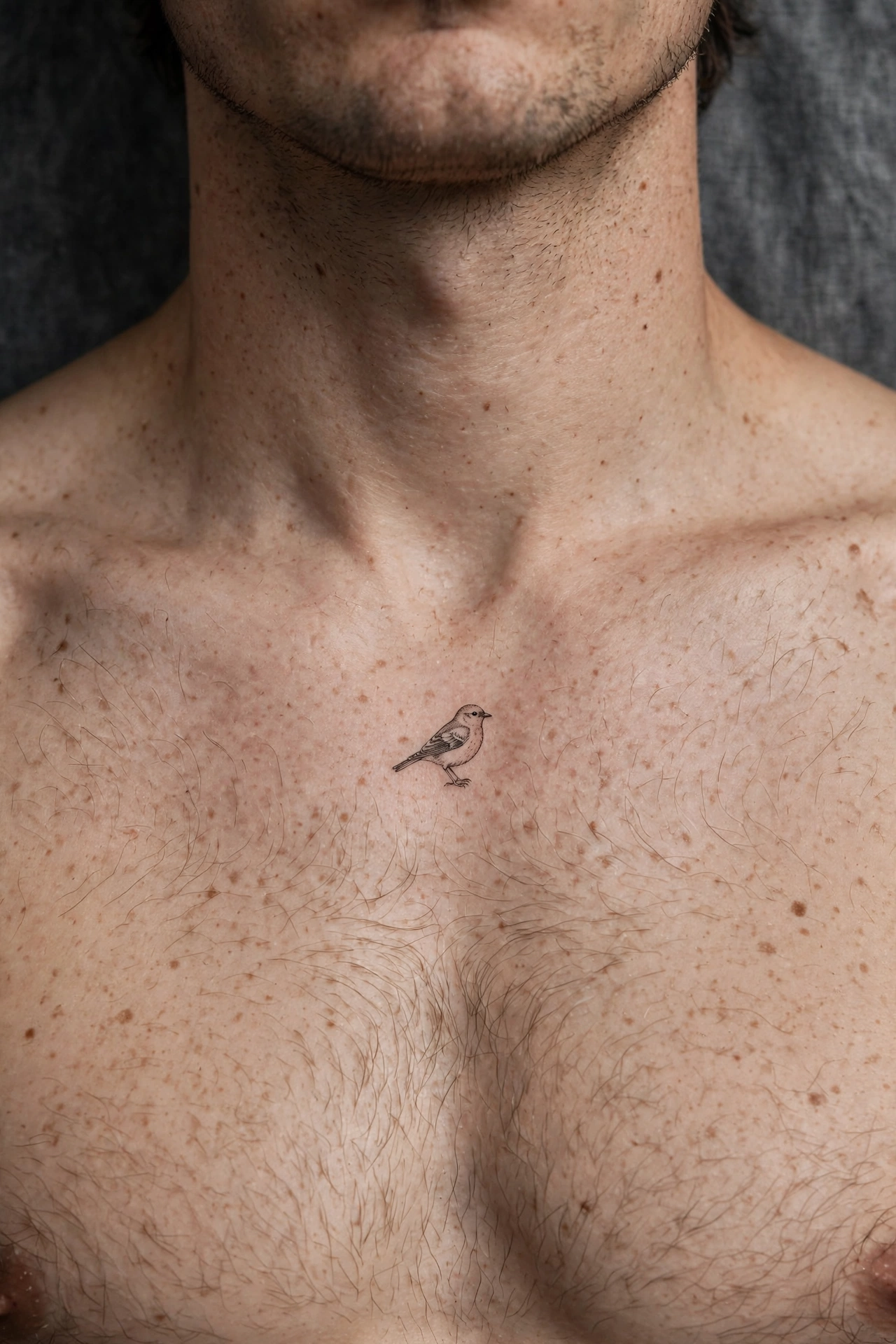 Small bird above sternum tattoo - chest tattoo idea for men