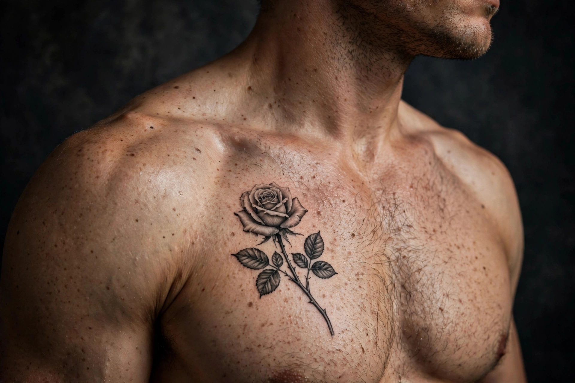 Single rose on left pec tattoo - chest tattoo idea for men