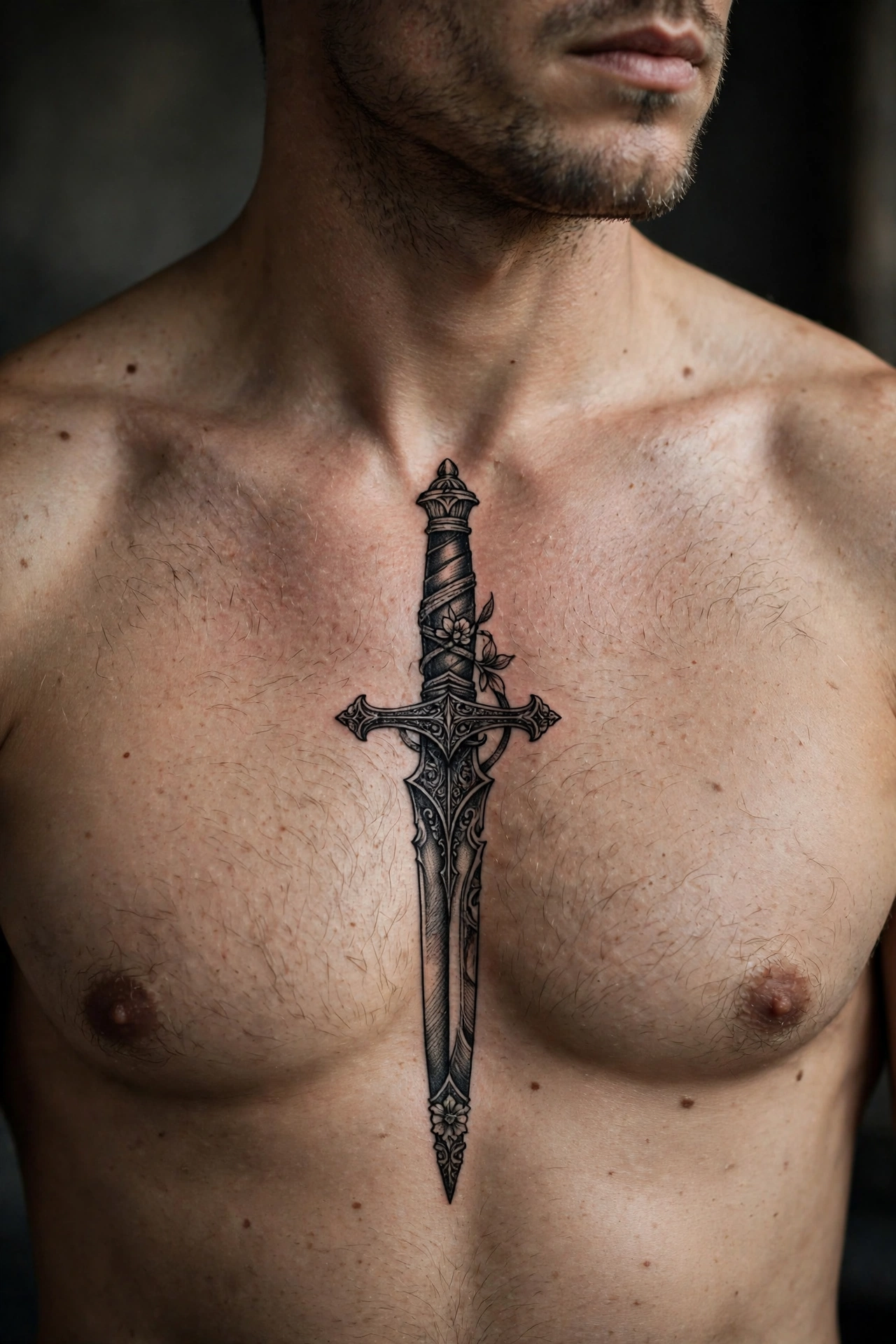 Dagger down sternum tattoo - chest tattoo idea for men