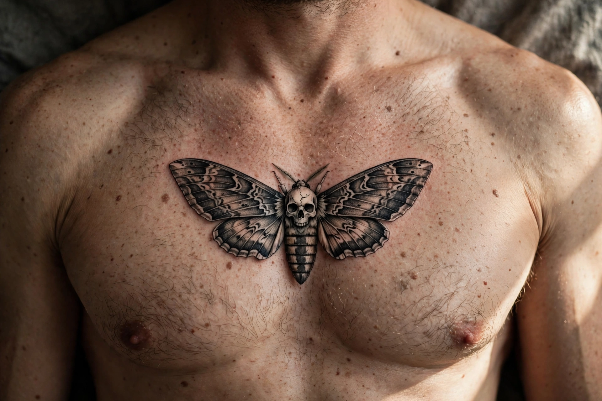Death-head moth centre chest tattoo - chest tattoo idea for men