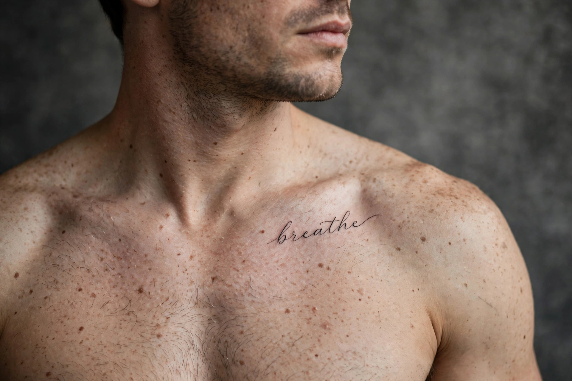 Short quote across collarbone tattoo - chest tattoo idea for men