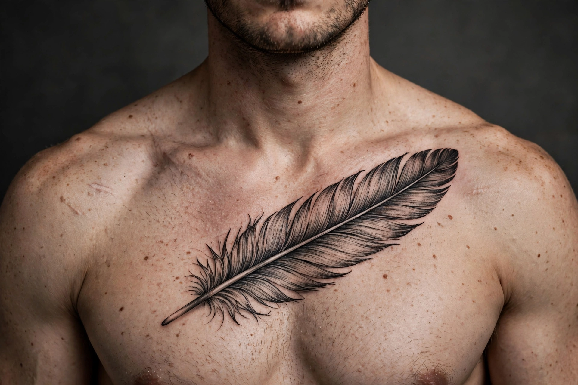 Feather across pec tattoo - chest tattoo idea for men