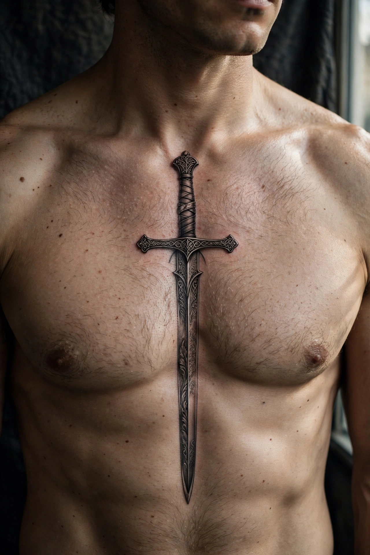 Sword vertical on sternum tattoo - chest tattoo idea for men