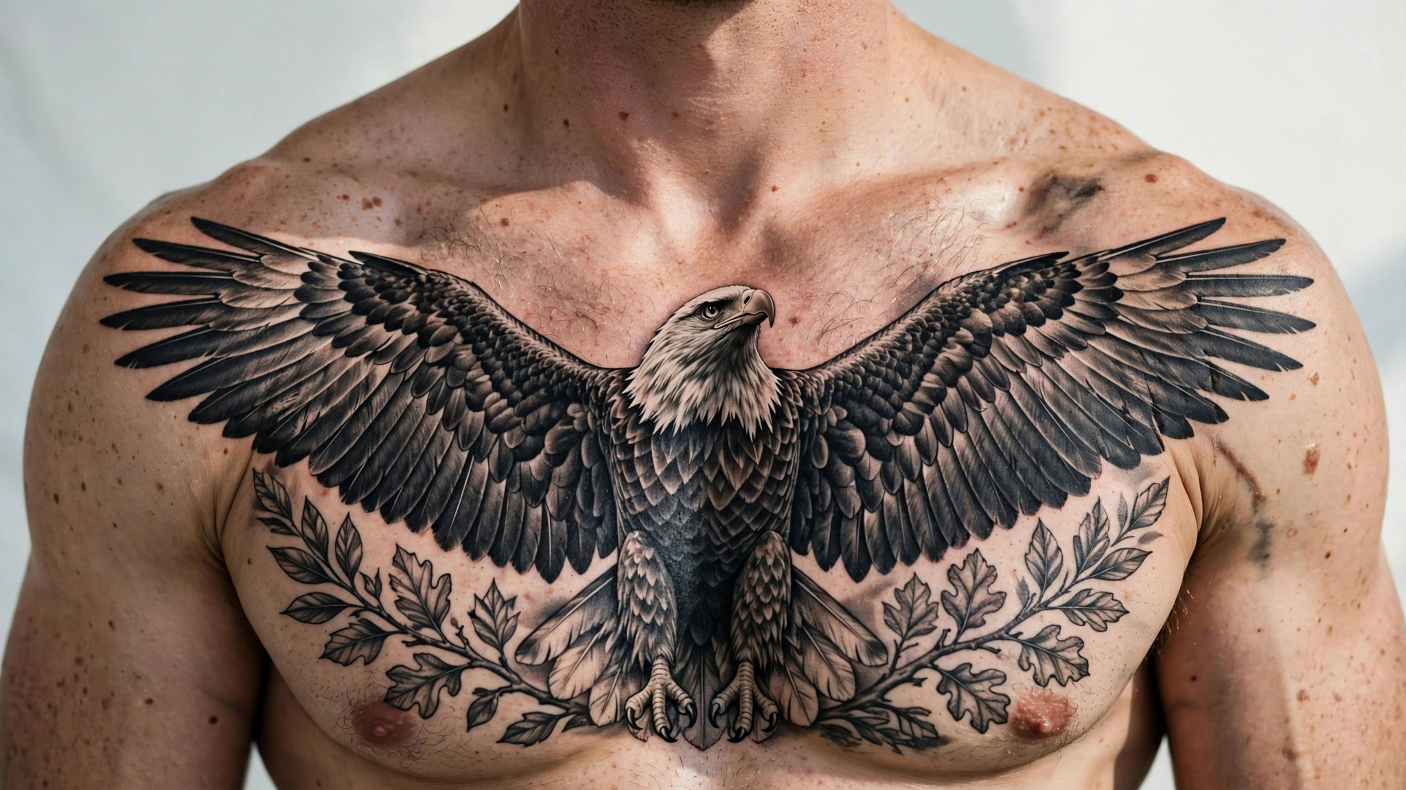 Man's broad chest with a large detailed eagle chest tattoo