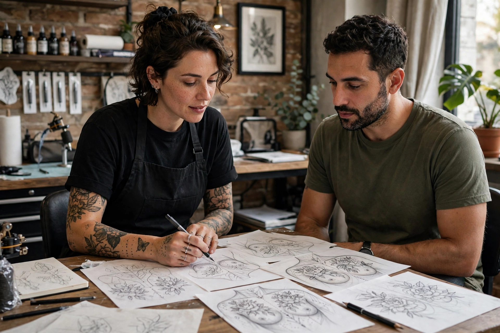 Tattoo artist consulting a client over chest tattoo designs