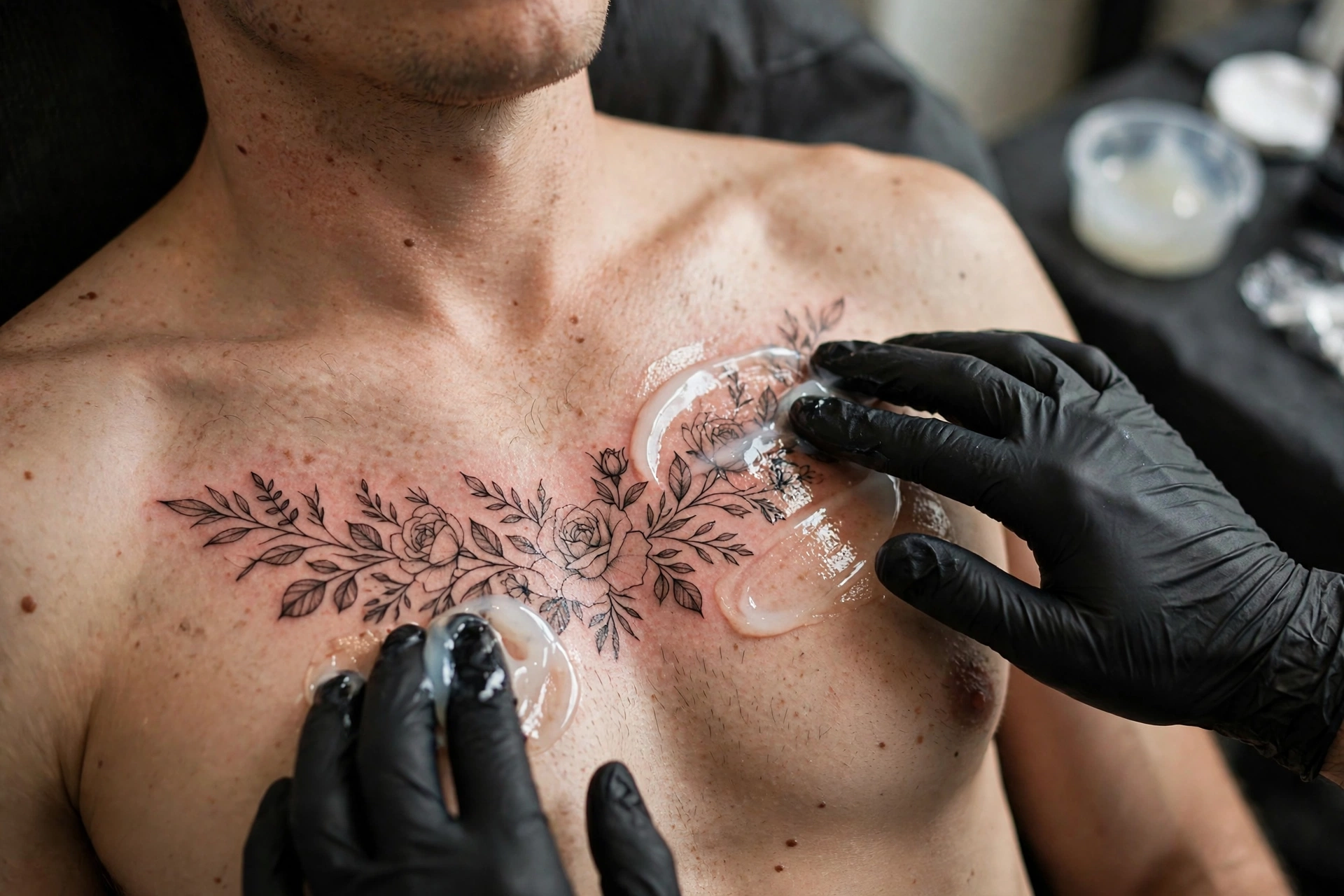 Fresh chest tattoo being treated with aftercare ointment