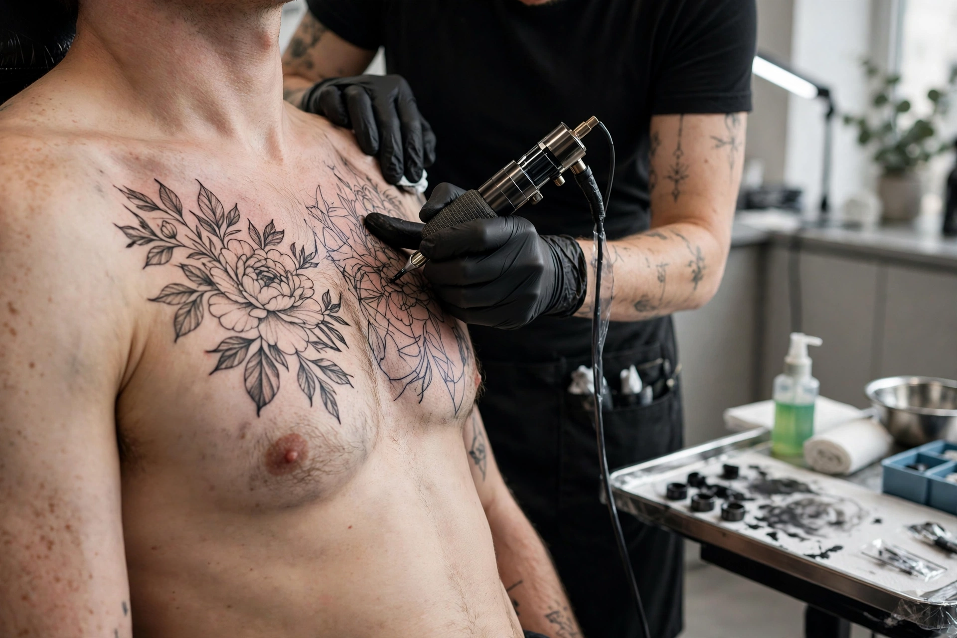 Tattoo artist tattooing a man's chest in a studio