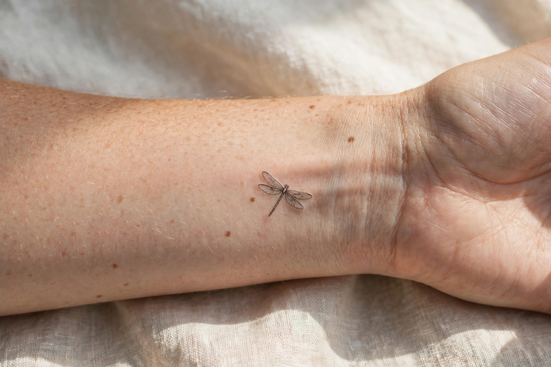 Tiny fine-line dragonfly tattoo on the wrist - dragonfly tattoo idea