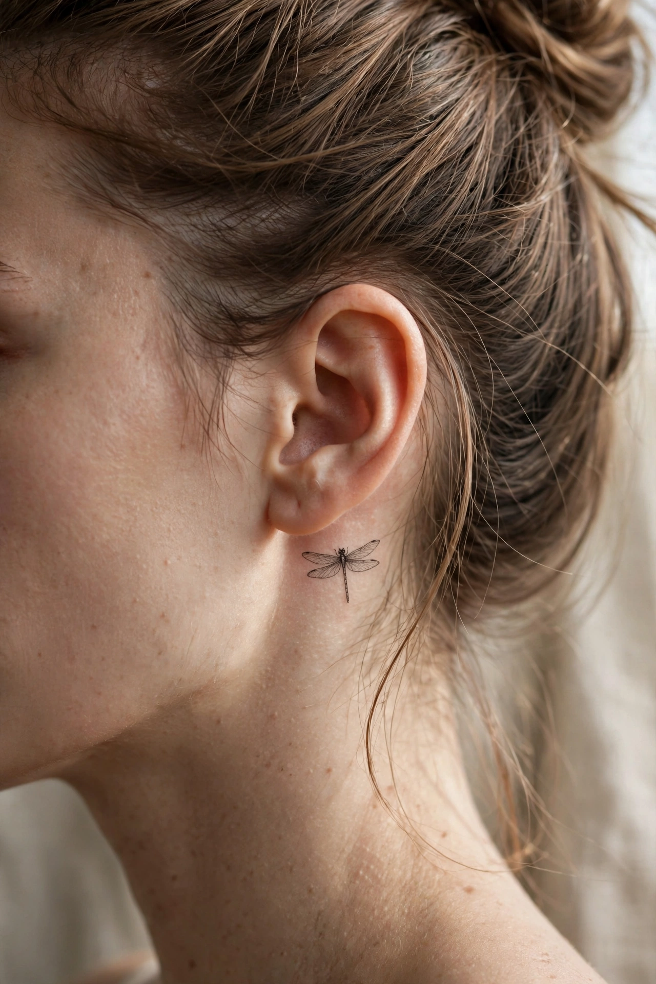 Tiny dragonfly tattoo behind the ear - dragonfly tattoo idea
