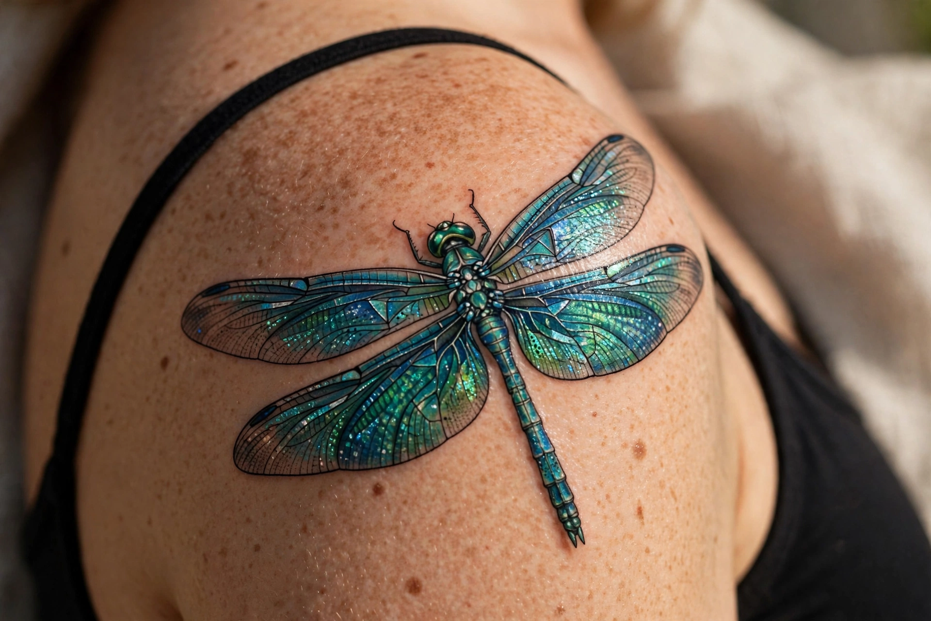 Iridescent blue-green dragonfly tattoo - dragonfly tattoo idea
