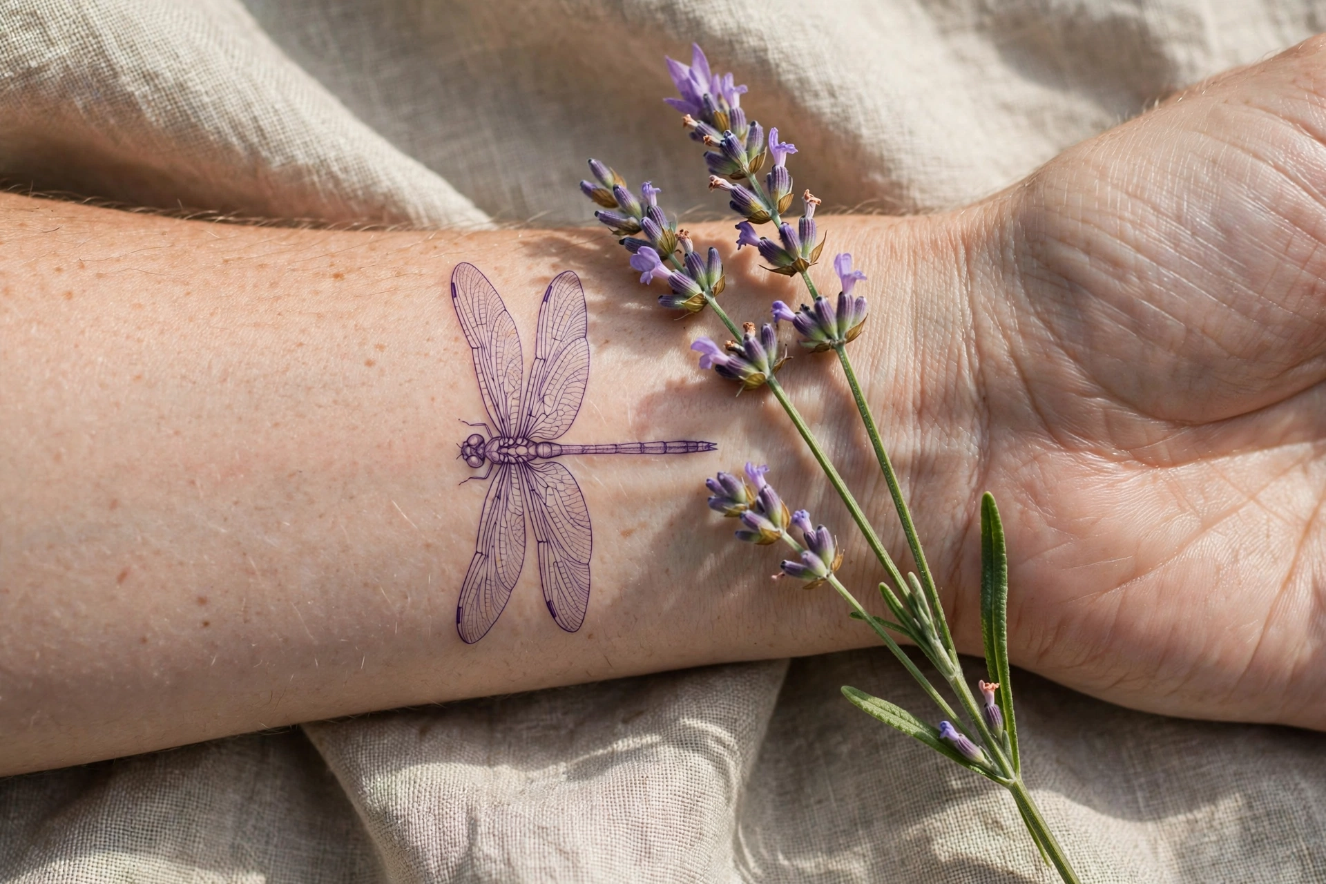 Dragonfly with lavender sprig tattoo - dragonfly tattoo idea