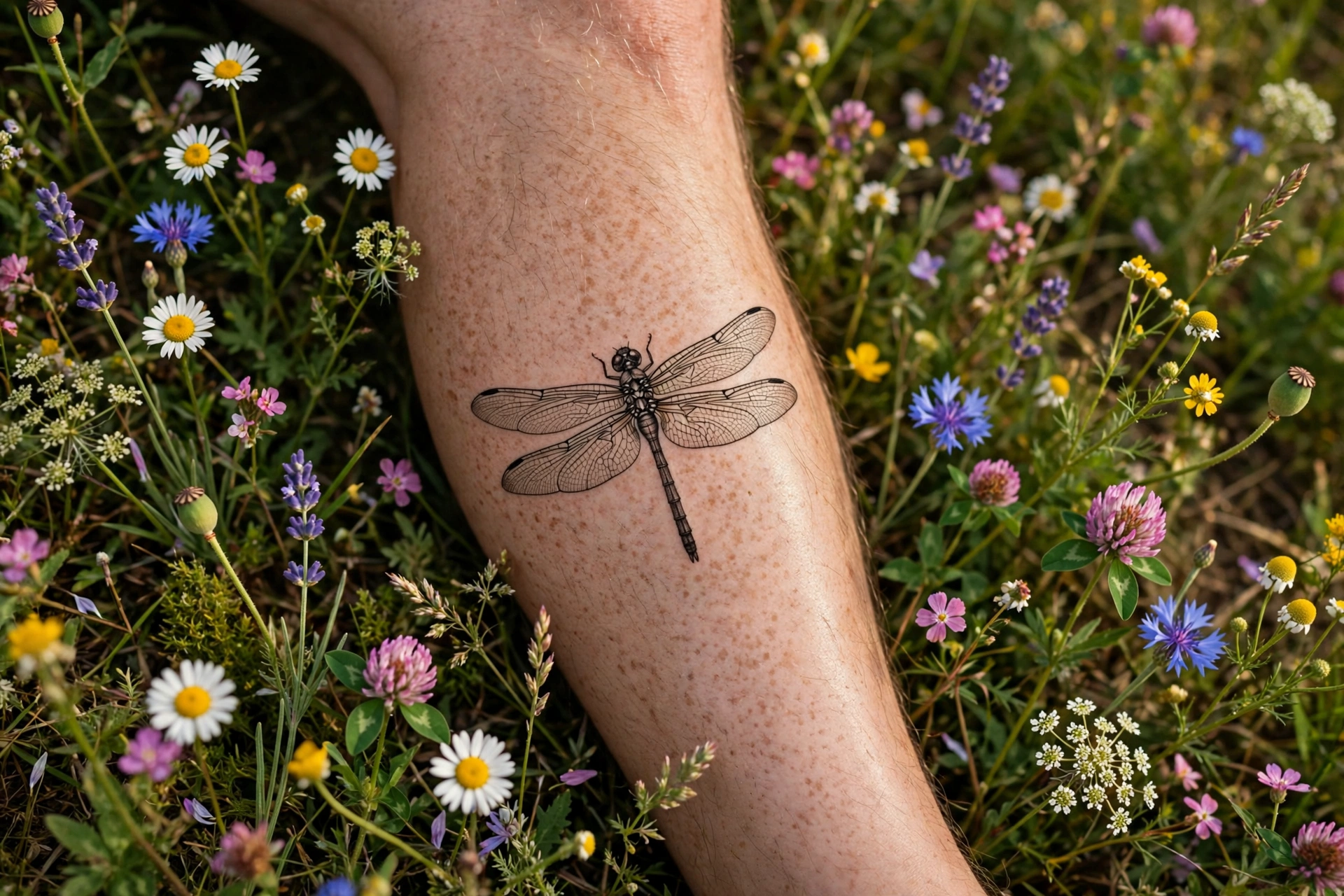 Dragonfly among wildflowers tattoo - dragonfly tattoo idea
