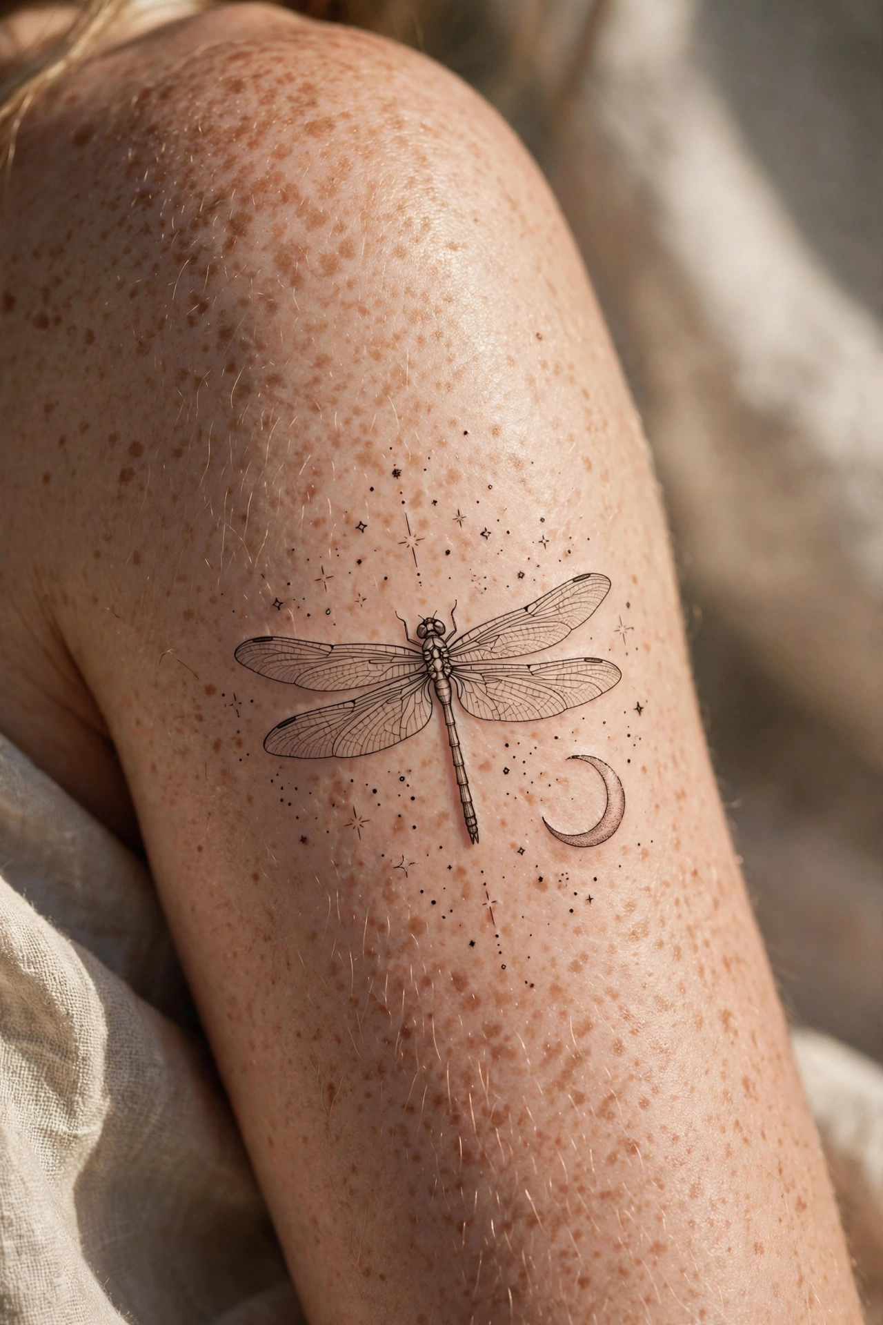 Dragonfly with crescent moon tattoo - dragonfly tattoo idea