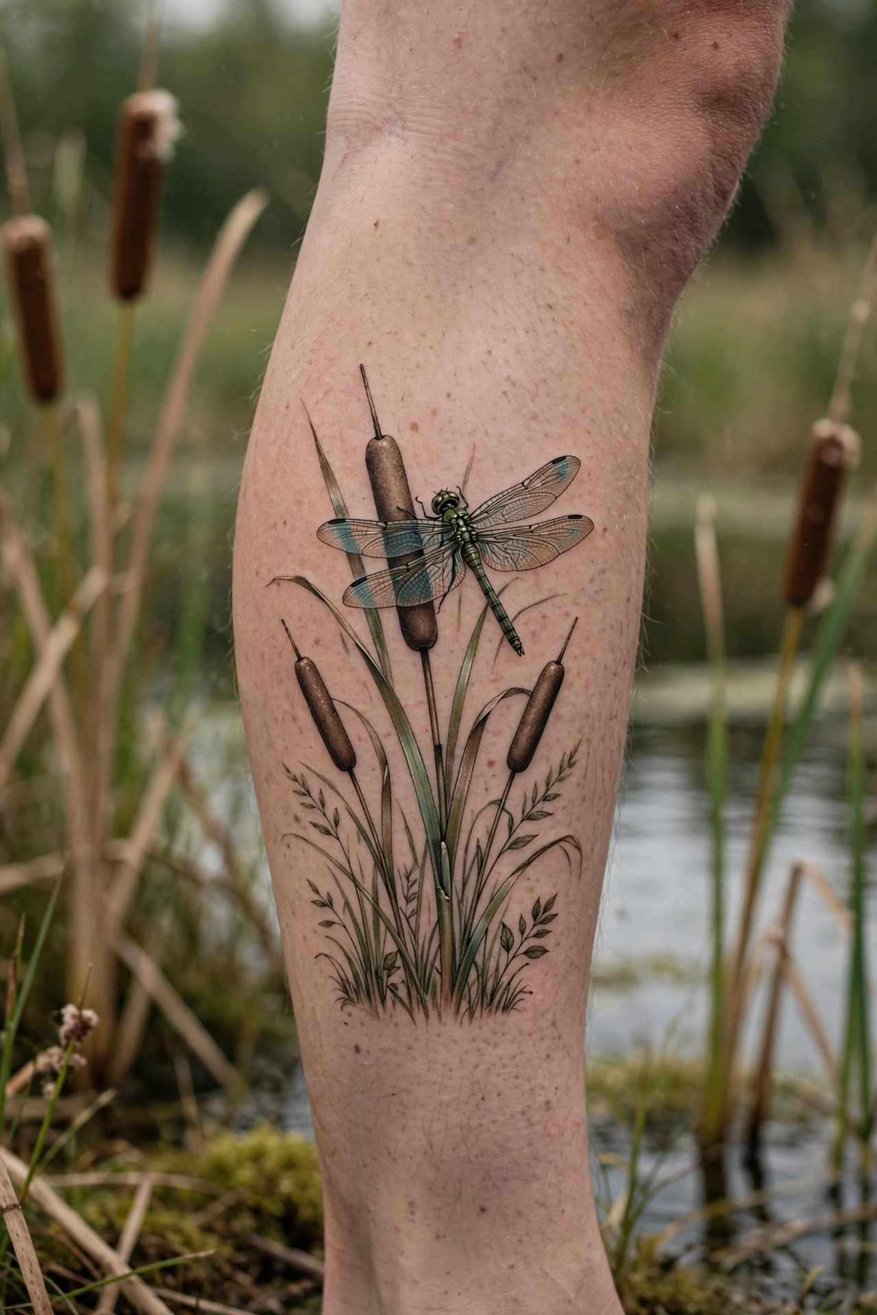 Dragonfly on pond reeds tattoo - dragonfly tattoo idea