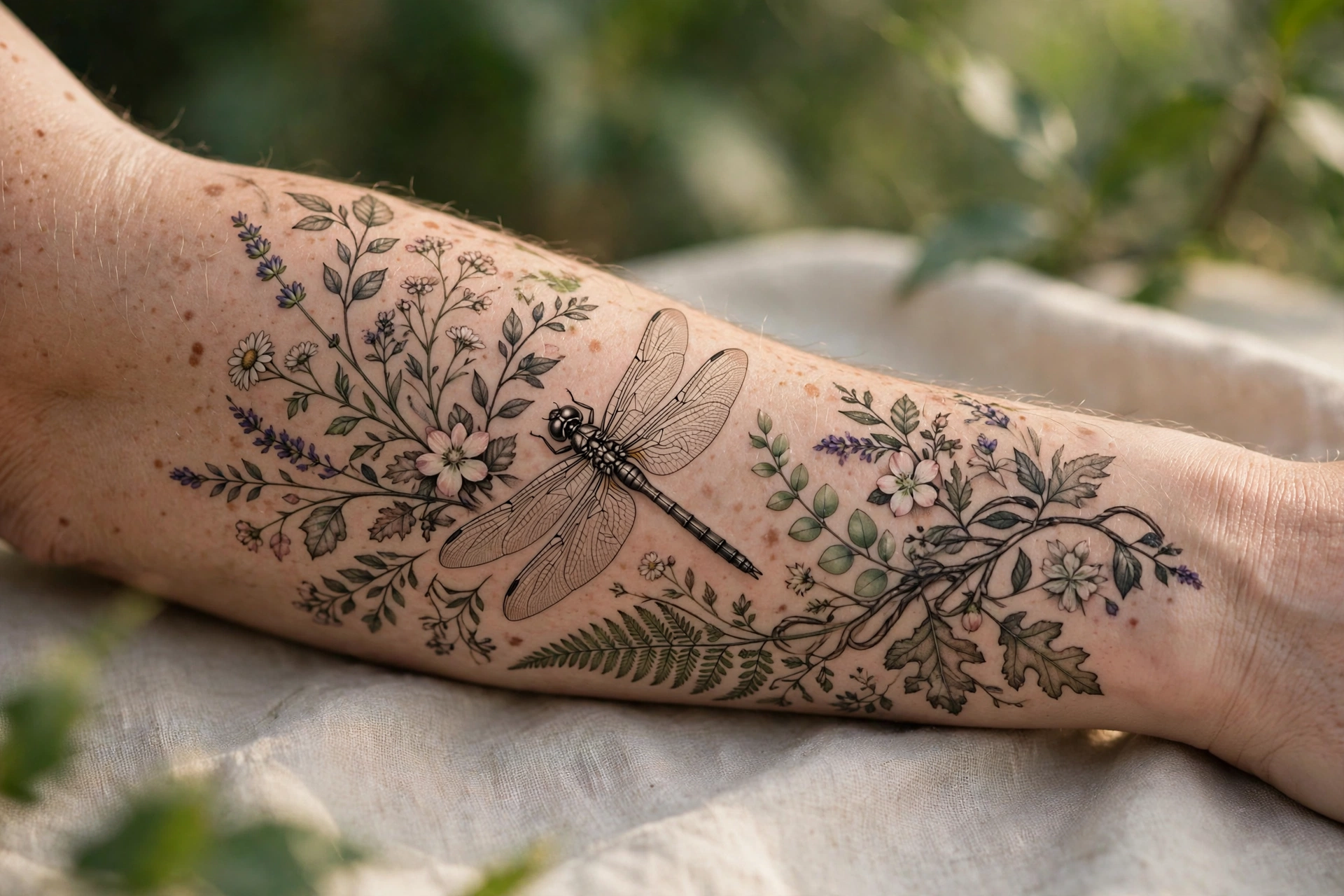 Dragonfly forearm nature sleeve tattoo - dragonfly tattoo idea
