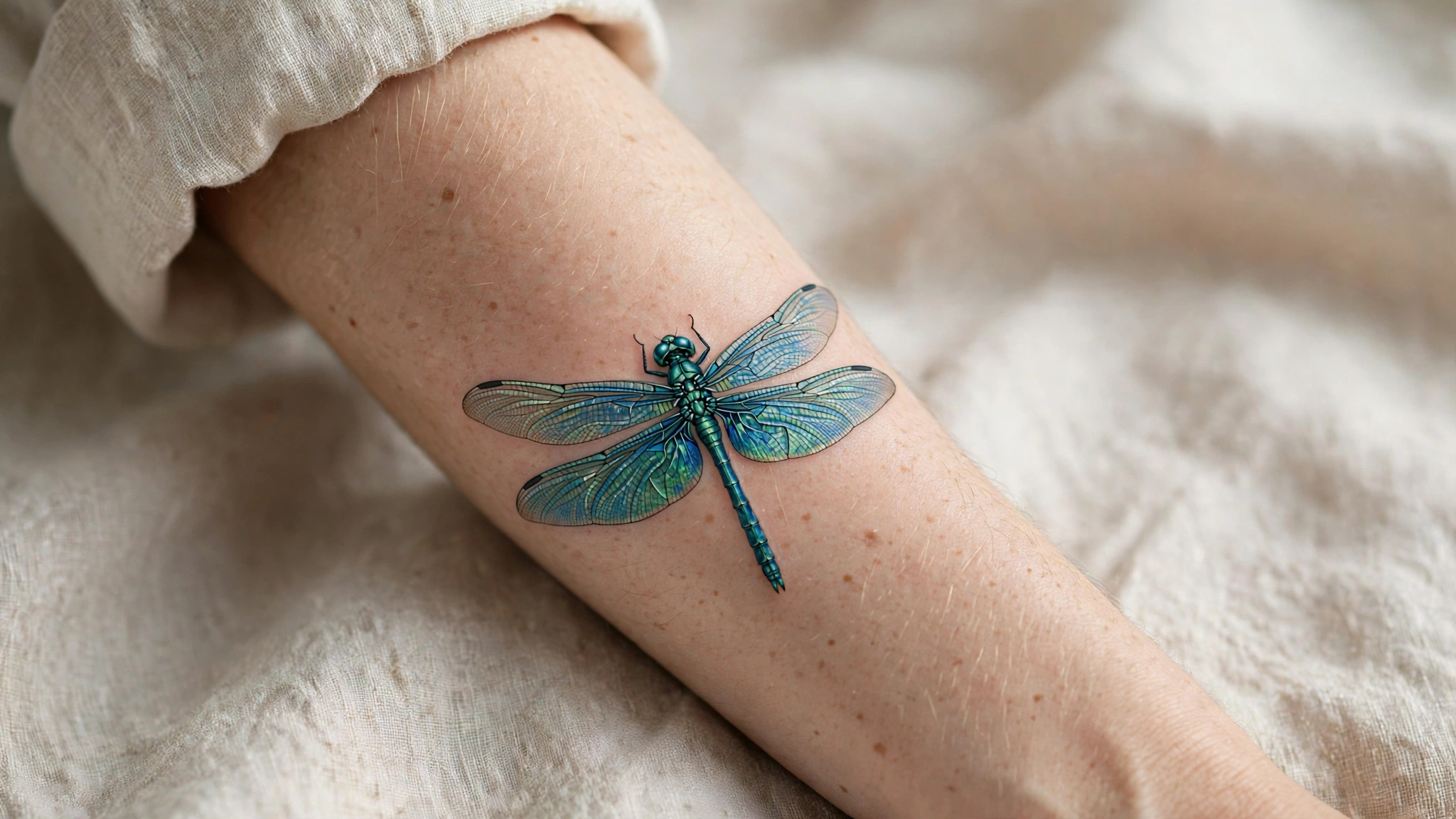 Woman's forearm with an iridescent blue-green dragonfly tattoo