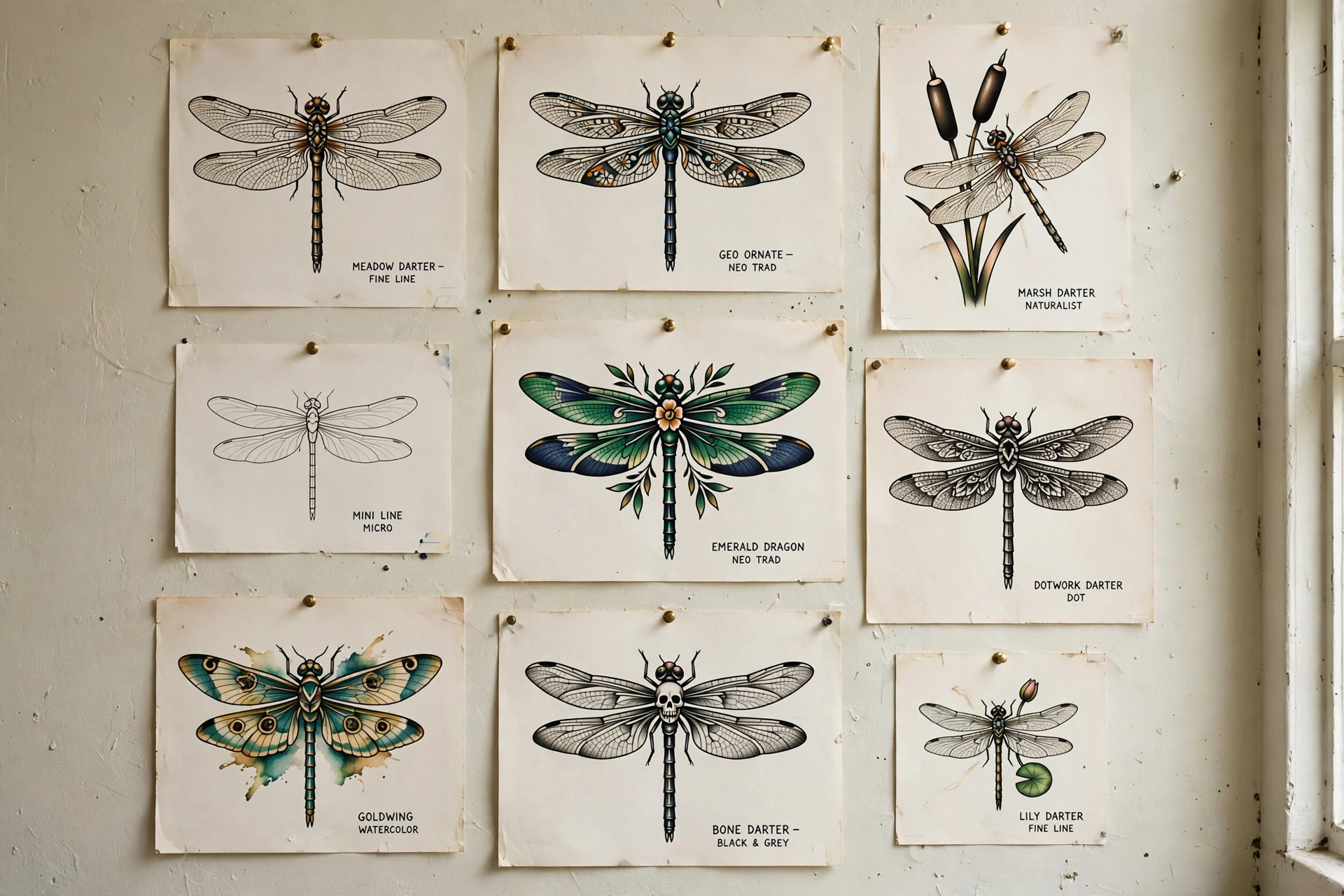 A tattoo flash sheet of dragonfly designs displayed on a studio wall