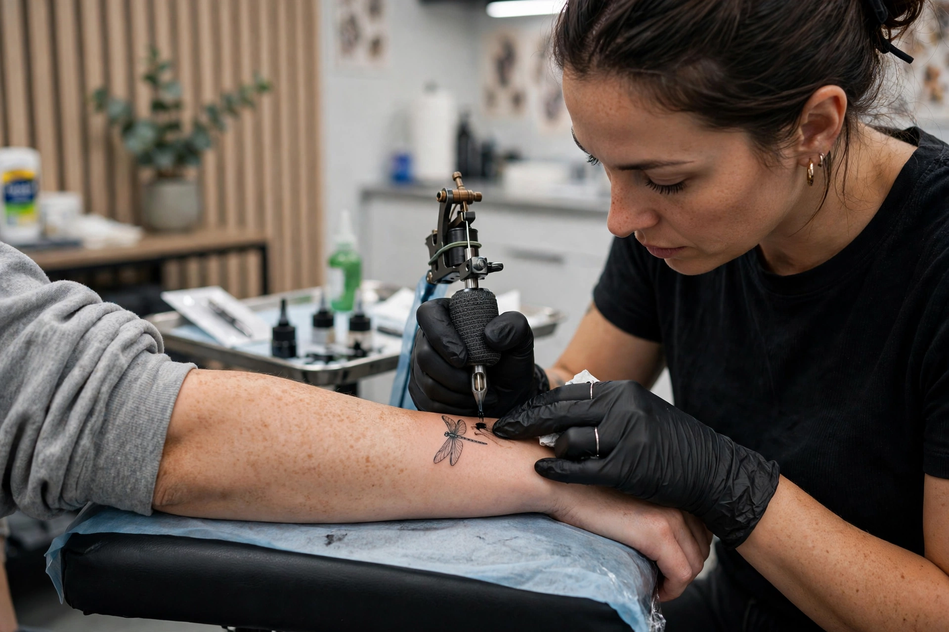 Tattoo artist tattooing a small dragonfly design on a client's forearm