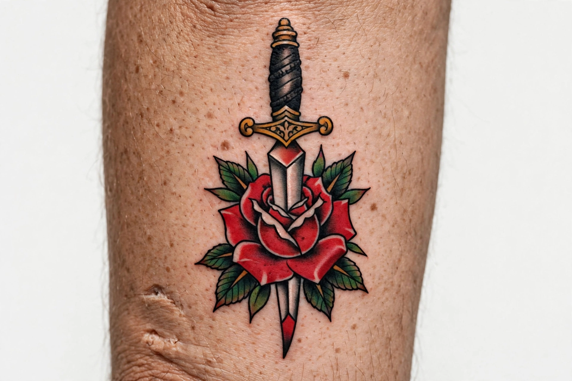 Classic dagger through a rose flash tattoo - flash tattoo idea