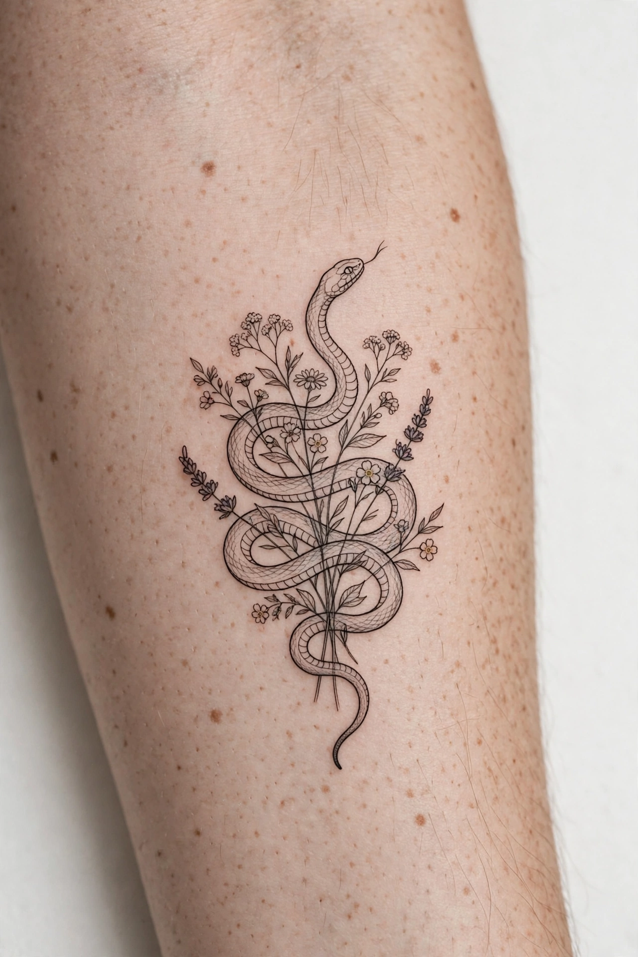 Fine-line snake with wildflowers flash tattoo - flash tattoo idea