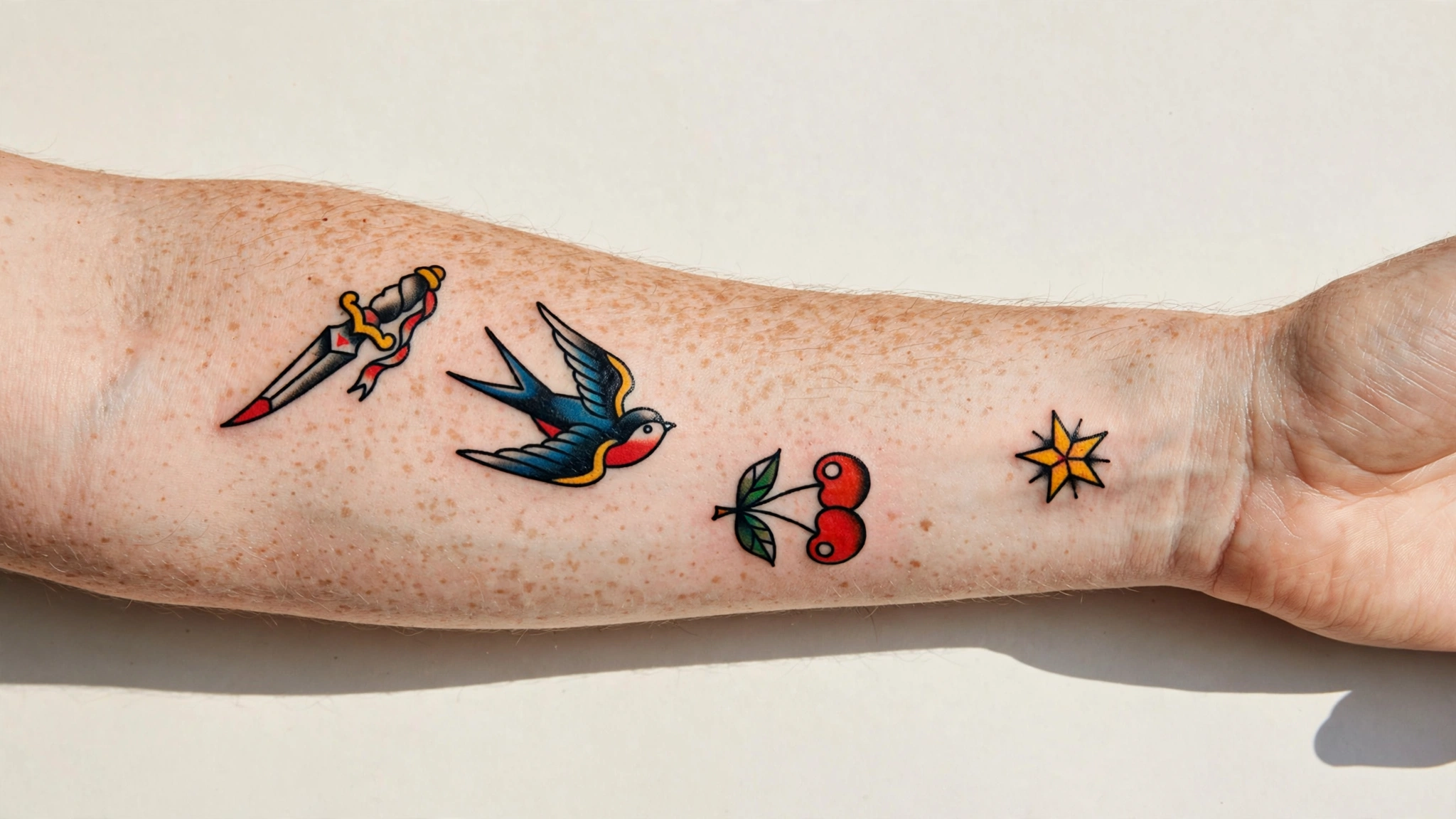 Forearm covered with small colourful classic flash tattoos - dagger, swallow, cherry and star