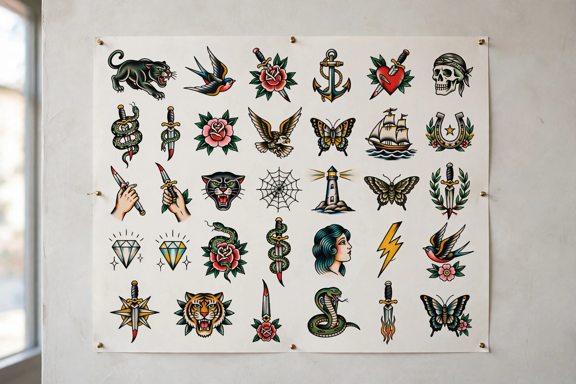 A tattoo flash sheet displayed on a studio wall